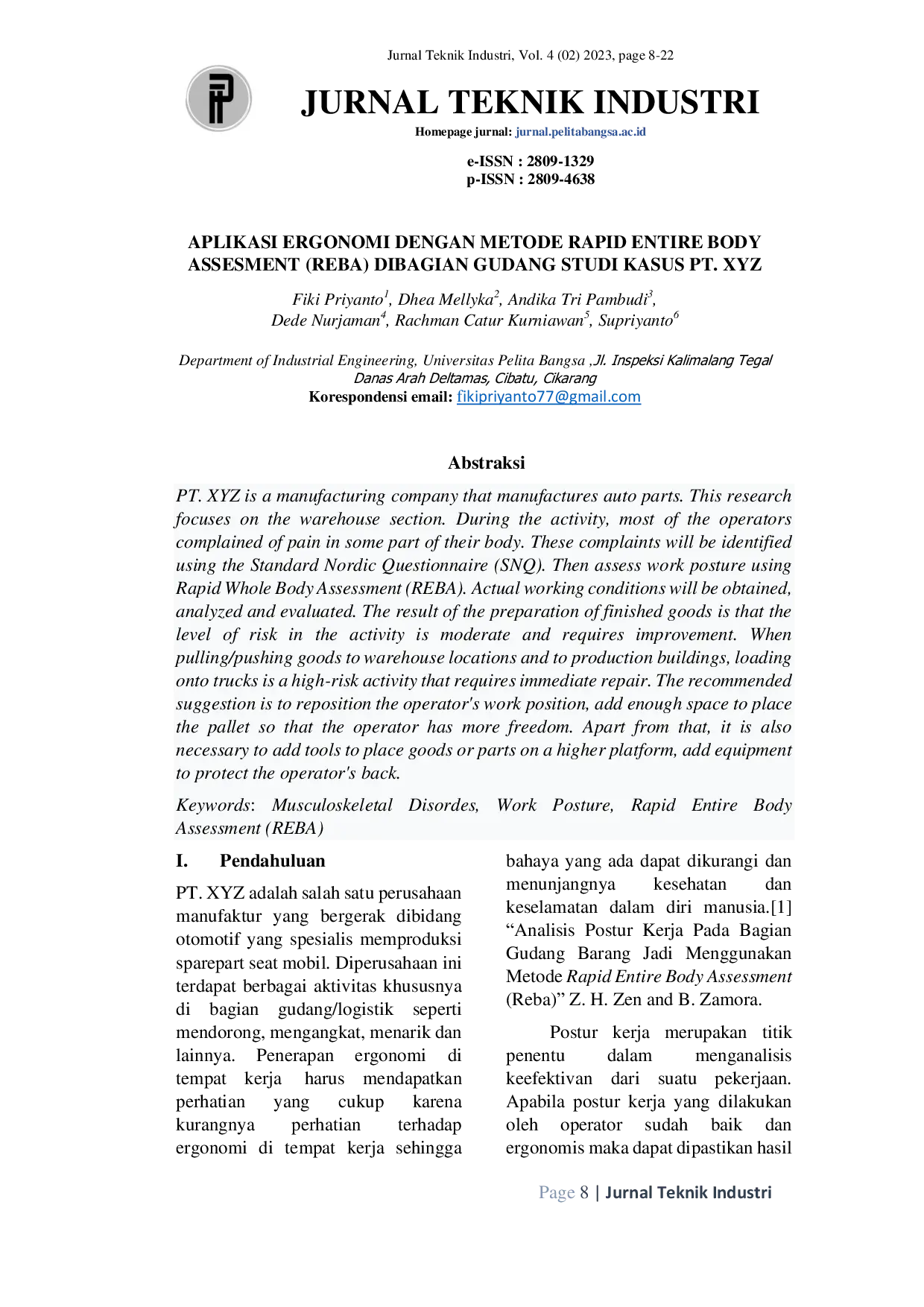JURIS Aplikasi Ergonomi Dengan Metode Rapid Entire Body Assesment REBA di Bagian Gudang Studi Kasus PT XYZ