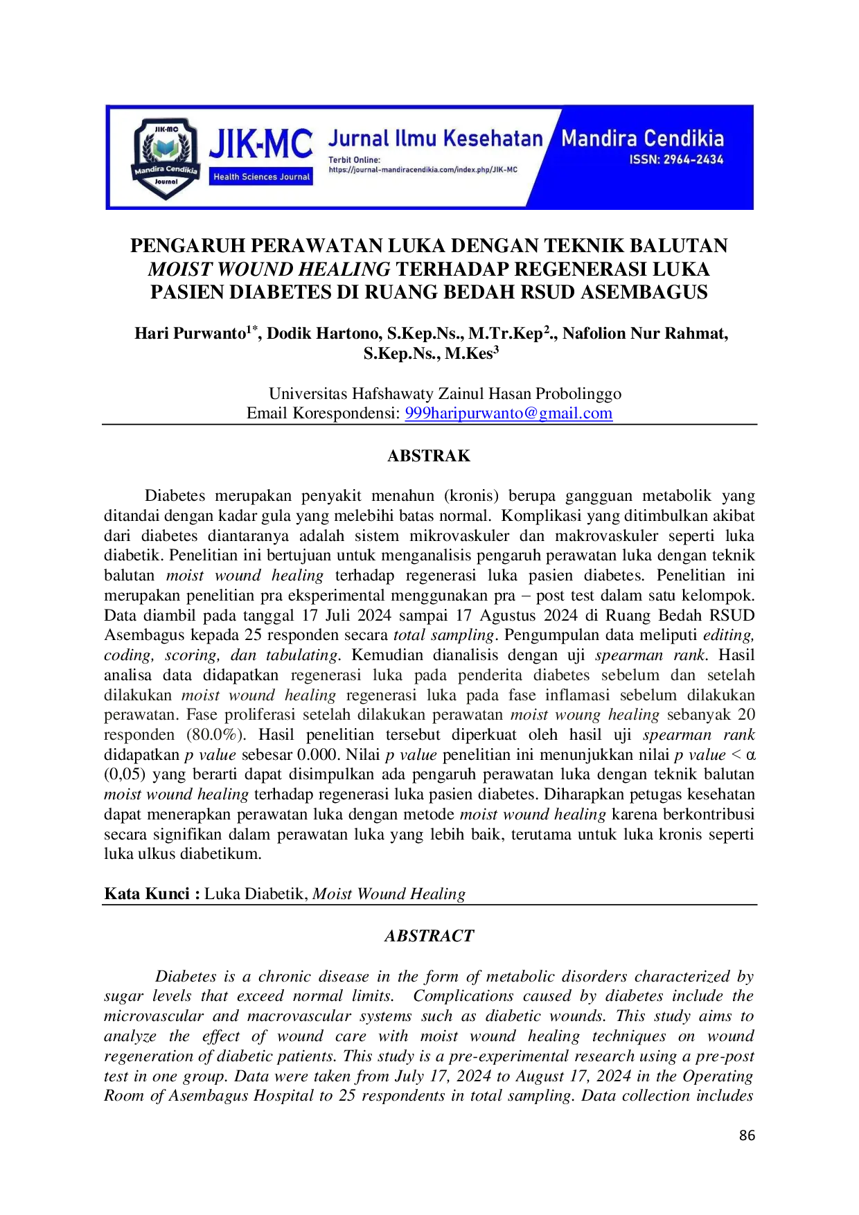 juris Pengaruh Perawatan Luka Dengan Teknik Balutan Moist Wound Healing Terhadap Regenerasi Luka Pasien Diabetes di Ruang Bedah RSUD Asembagus