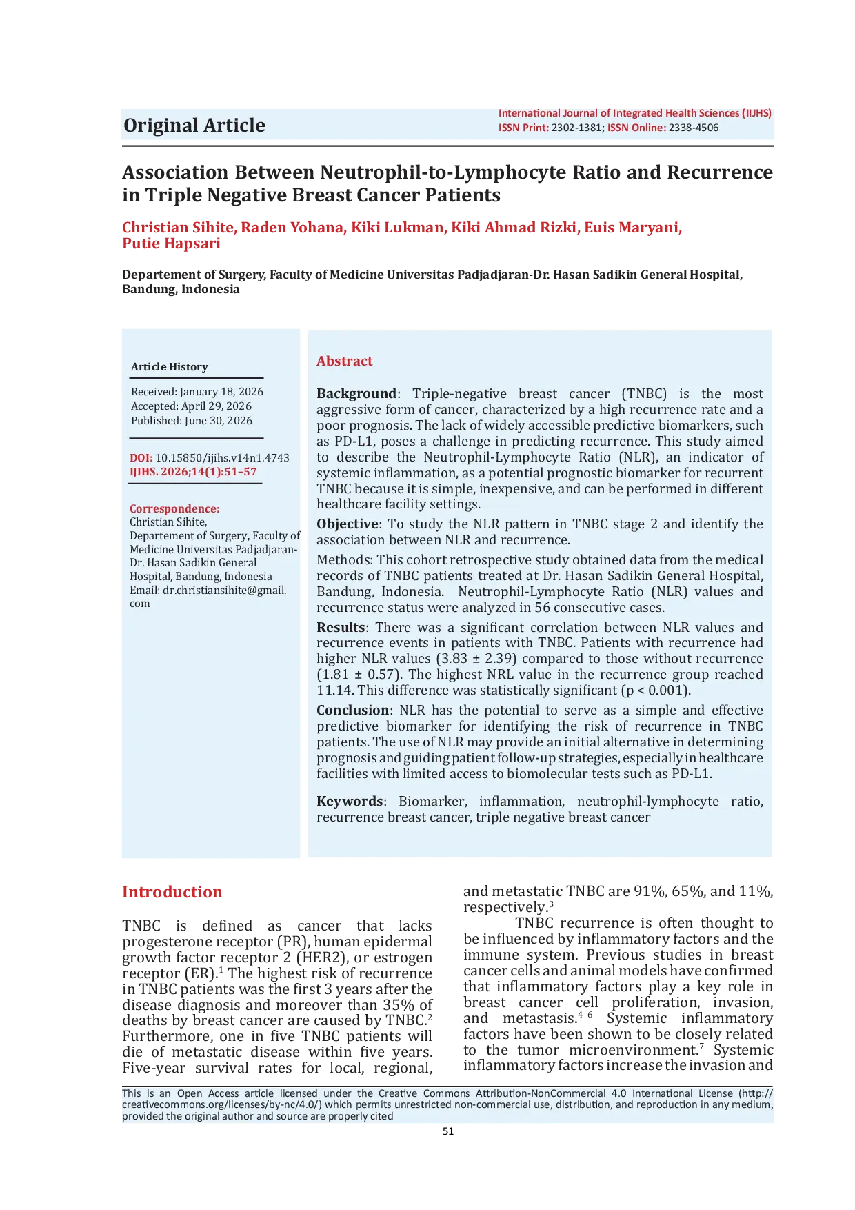 JURIS Association Between Neutrophil to Lymphocyte Ratio and Recurrence in Triple Negative Breast Cancer Patients