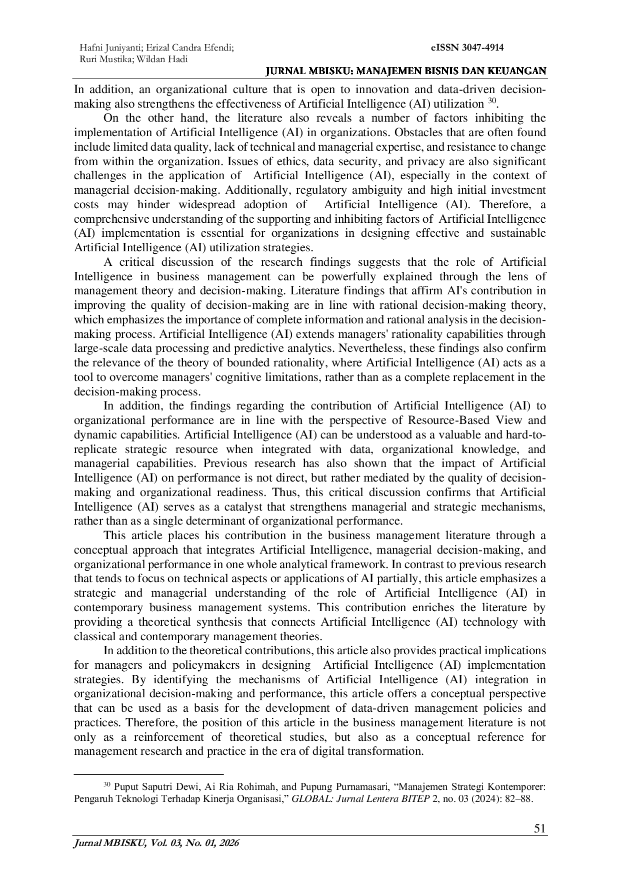JURIS Artificial Intelligence In Contemporary Business Management And Its Implications For Decision Making And Organizational Performance