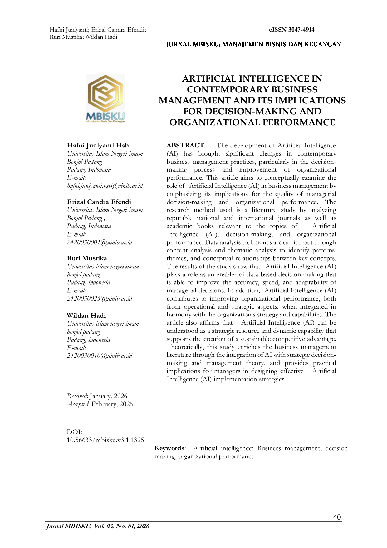 JURIS Artificial Intelligence In Contemporary Business Management And Its Implications For Decision Making And Organizational Performance