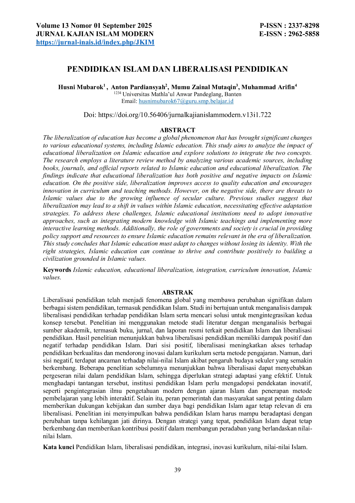 JURIS Pendidikan Islam Dan Liberalisasi Pendidikan