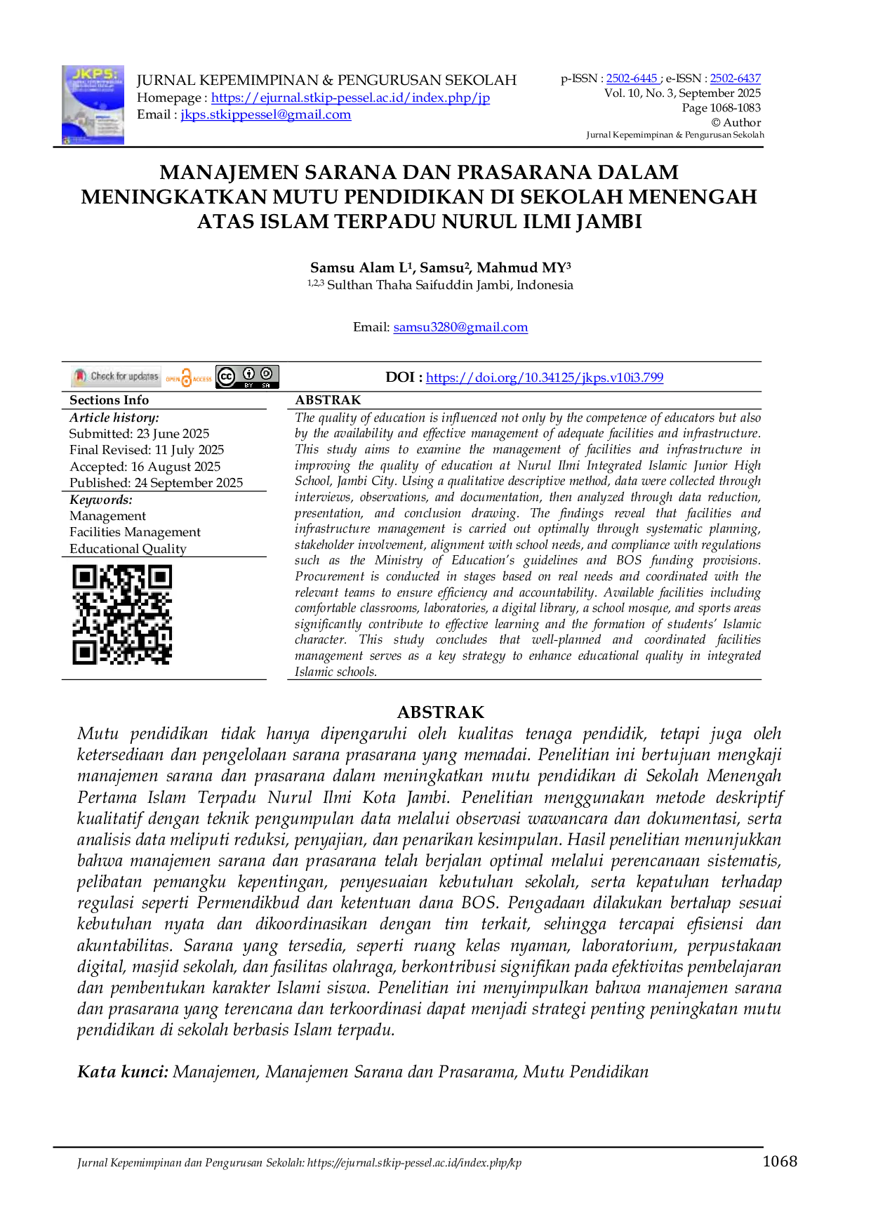 JURIS The MANAJEMEN SARANA DAN PRASARANA DALAM MENINGKATKAN MUTU PENDIDIKAN DI SEKOLAH MENENGAH ATAS ISLAM TERPADU NURUL ILMI JAMBI