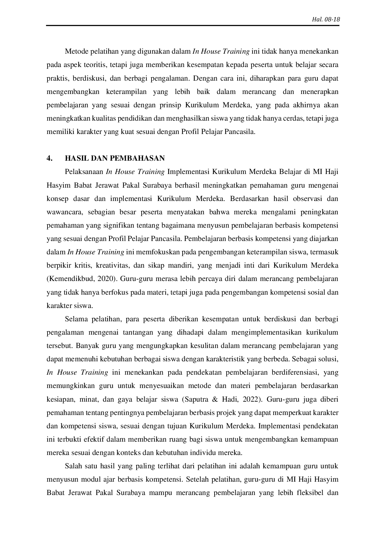 JURIS In House Training Implementasi Kurikulum Merdeka Belajar