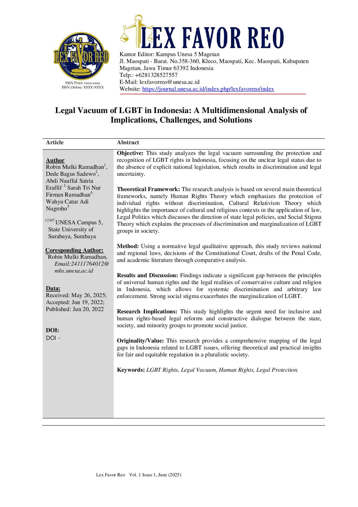 JURIS Legal Vacuum of LGBT in Indonesia A Multidimensional Analysis of Implications Challenges and Solutions