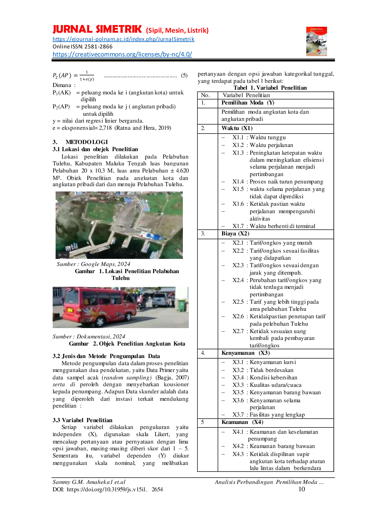 JURIS Analisis Perbandingan Pemilihan Moda Transportasi Angkutan Kota dan Angkutan Pribadi di Pelabuhan Tulehu Menggunakan Metode Logiet Biner