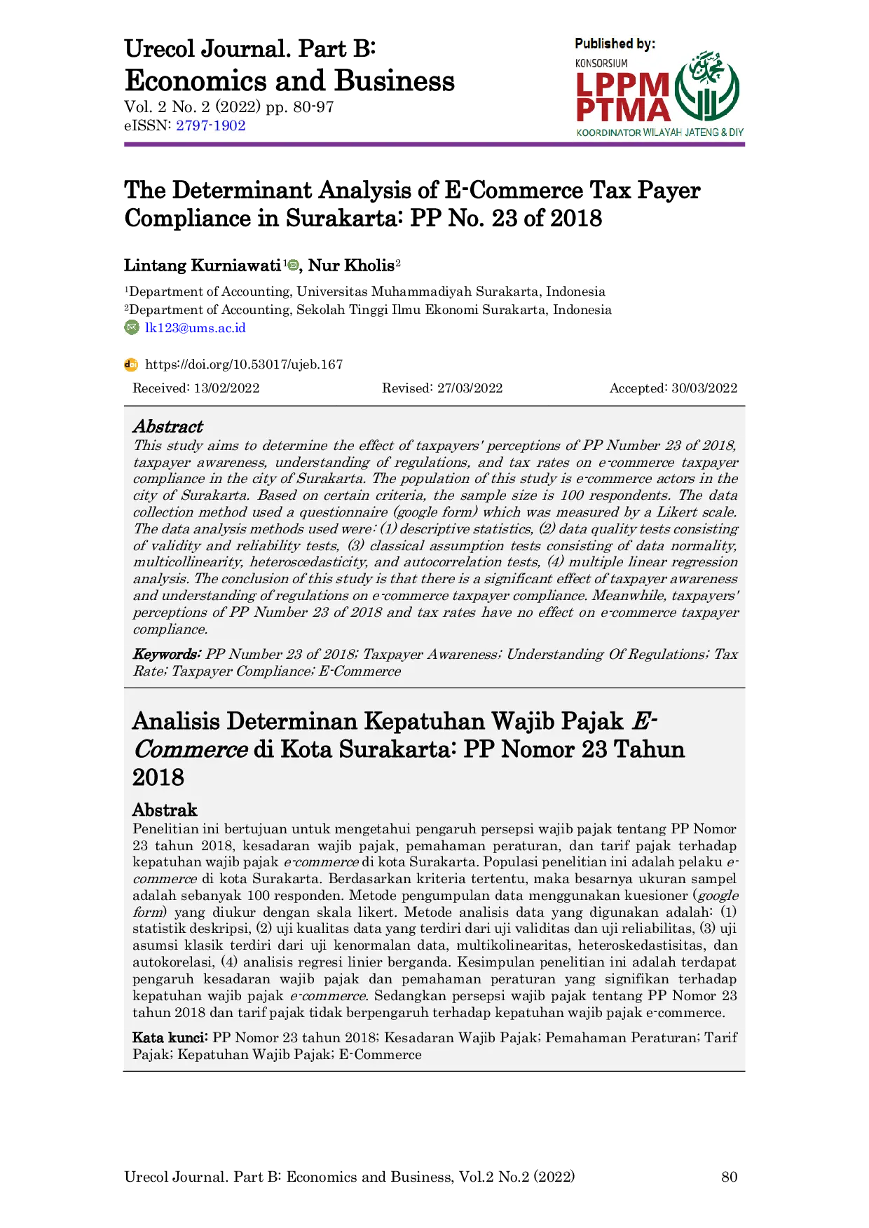 JURIS The Determinant Analysis of E Commerce Tax Payer Compliance in Surakarta PP No 23 of 2018