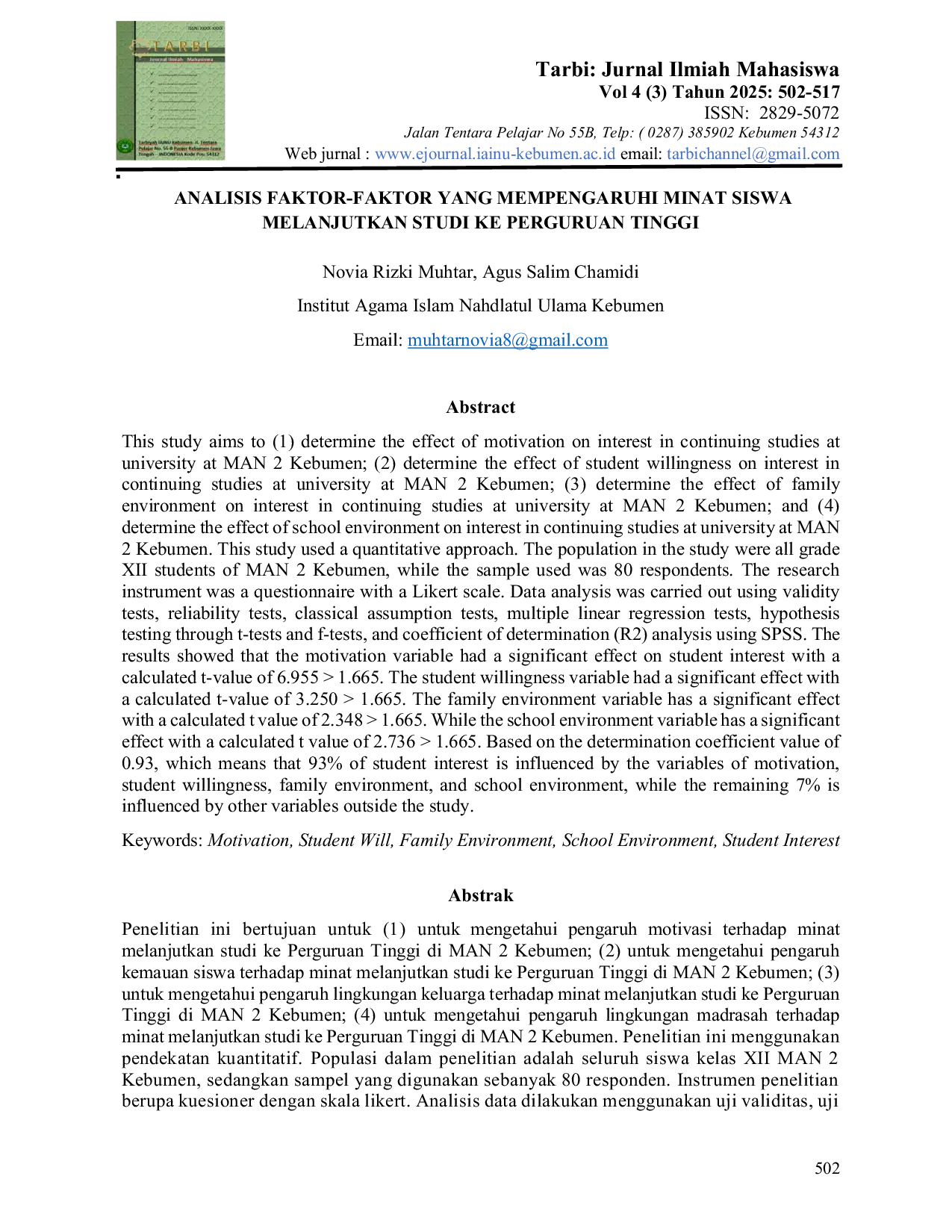 JURIS Analisis Faktor Faktor yang Mempengaruhi Minat Siswa Melanjutkan Studi ke Perguruan Tinggi