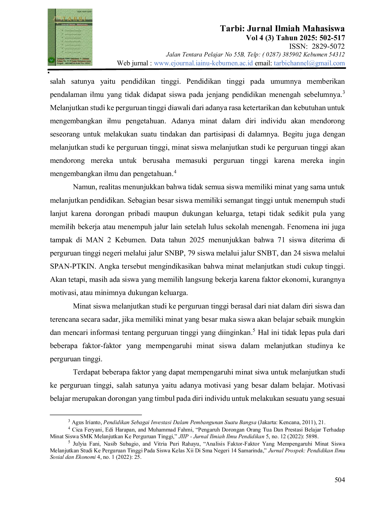 JURIS Analisis Faktor Faktor yang Mempengaruhi Minat Siswa Melanjutkan Studi ke Perguruan Tinggi