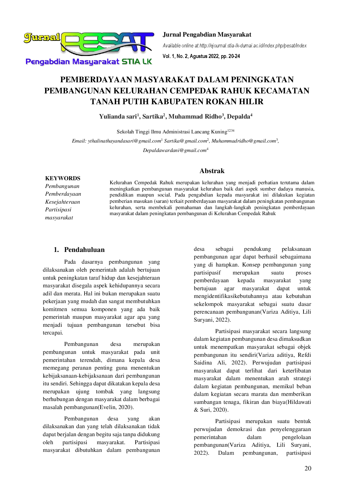 juris Pemberdayaan Masyarakat Dalam Peningkatan Pembangunan Kelurahan Cempedak Rahuk Kecamatan Tanah Putih Kabupaten Rokan Hilir