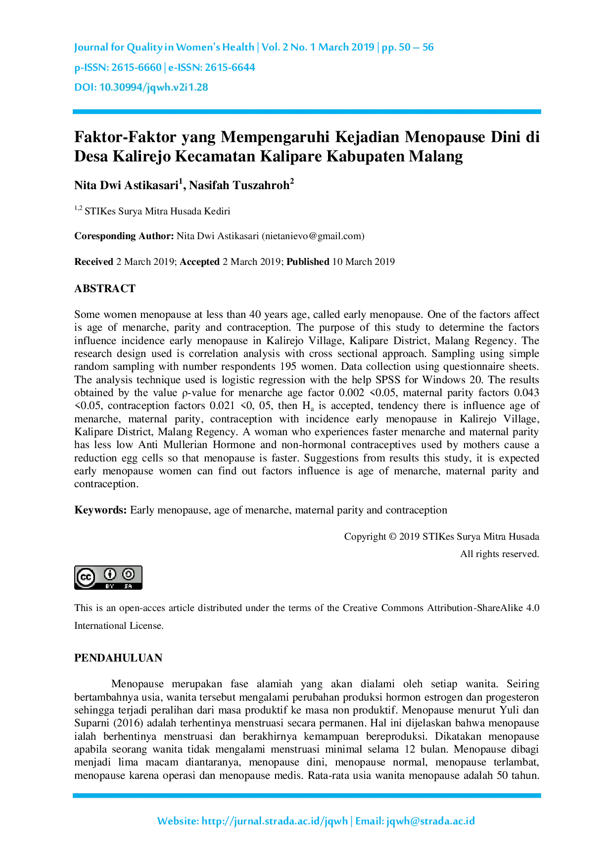 JURIS Faktor Faktor yang Mempengaruhi Kejadian Menopause Dini di Desa Kalirejo Kecamatan Kalipare Kabupaten Malang