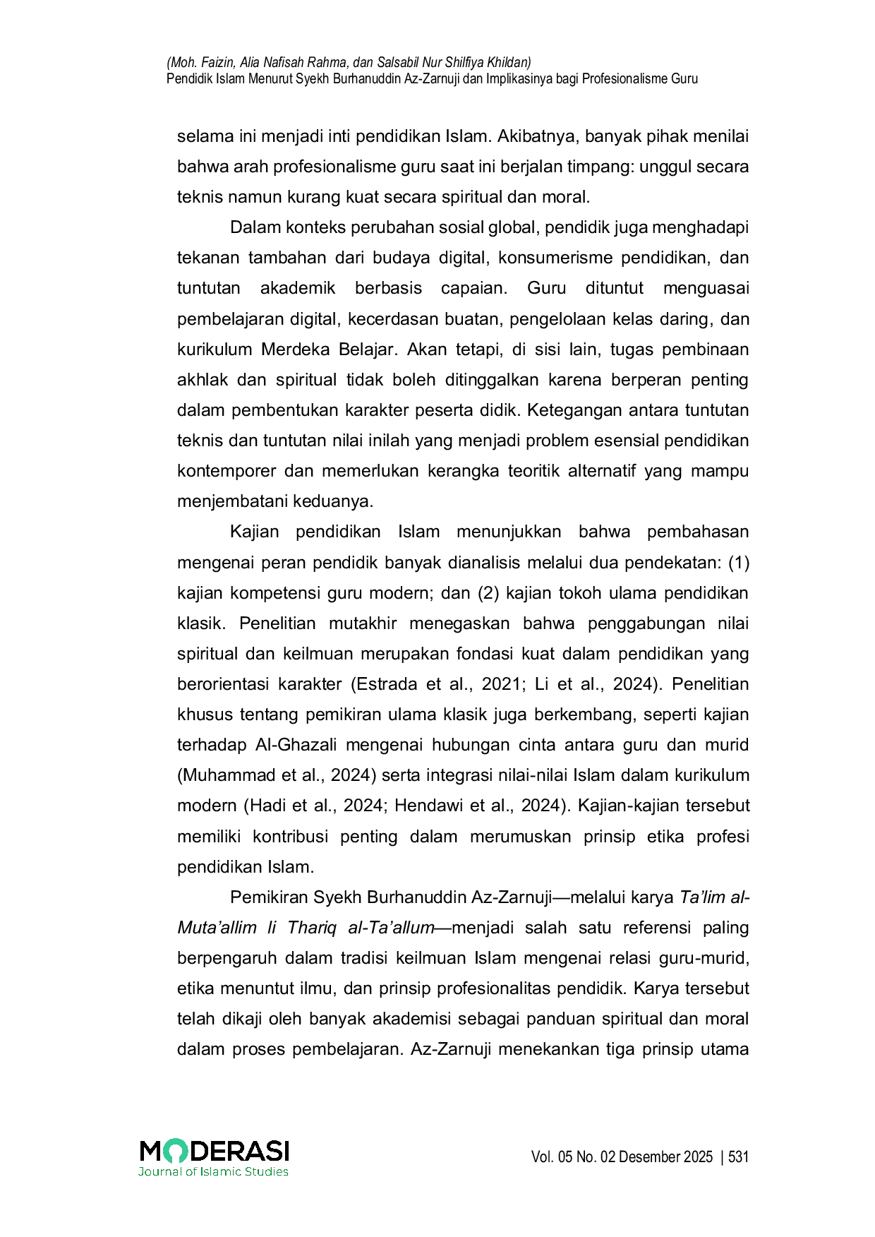 JURIS Pendidik Islam Menurut Syekh Burhanuddin Az Zarnuji dan Implikasinya bagi Profesionalisme Guru