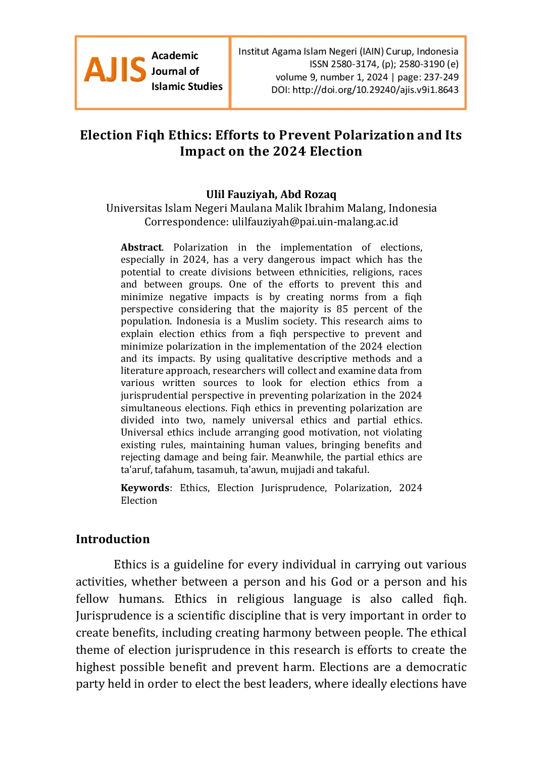 JURIS Election Fiqh Ethics Efforts to Prevent Polarization and Its Impact on the 2024 Election