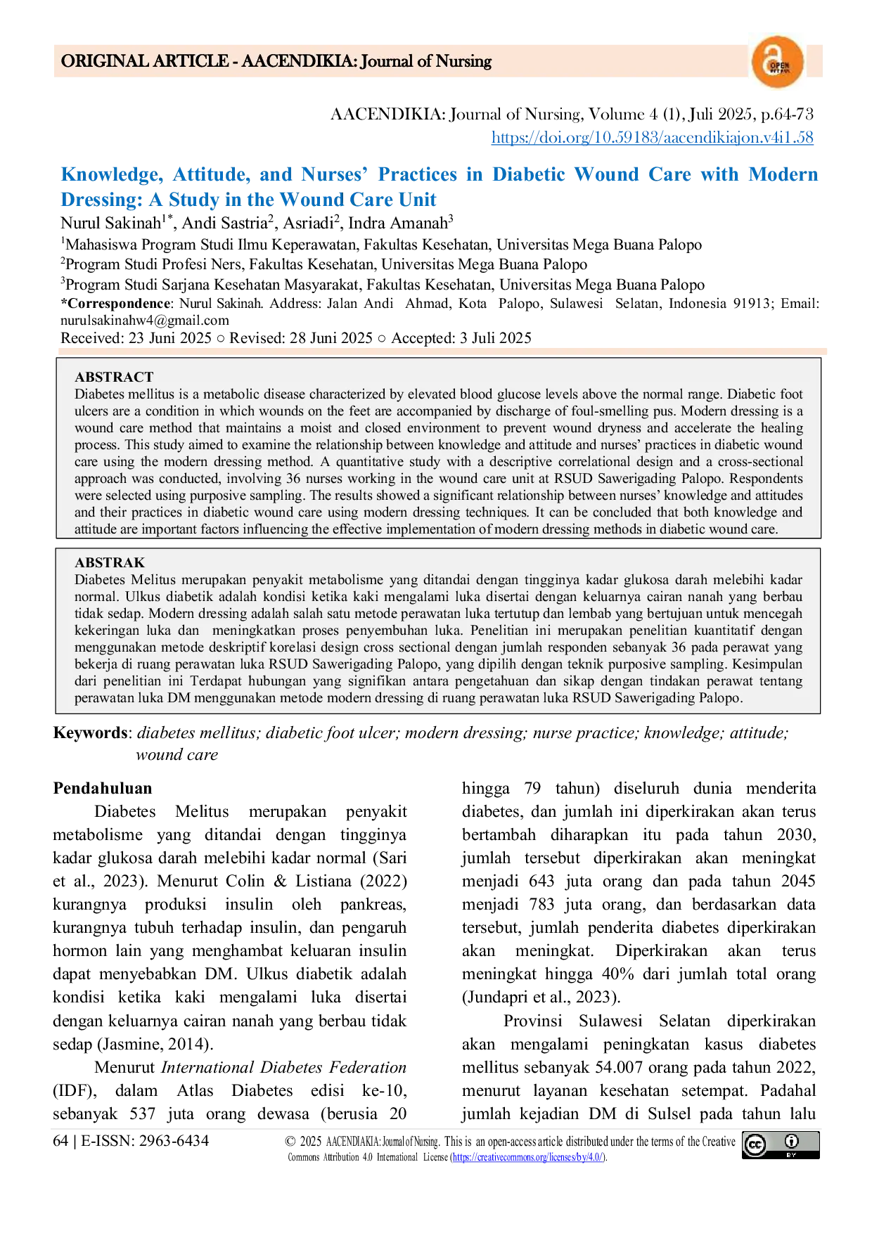 JURIS Knowledge Attitude and Nurses Practices in Diabetic Wound Care with Modern Dressing A Study in the Wound Care Unit
