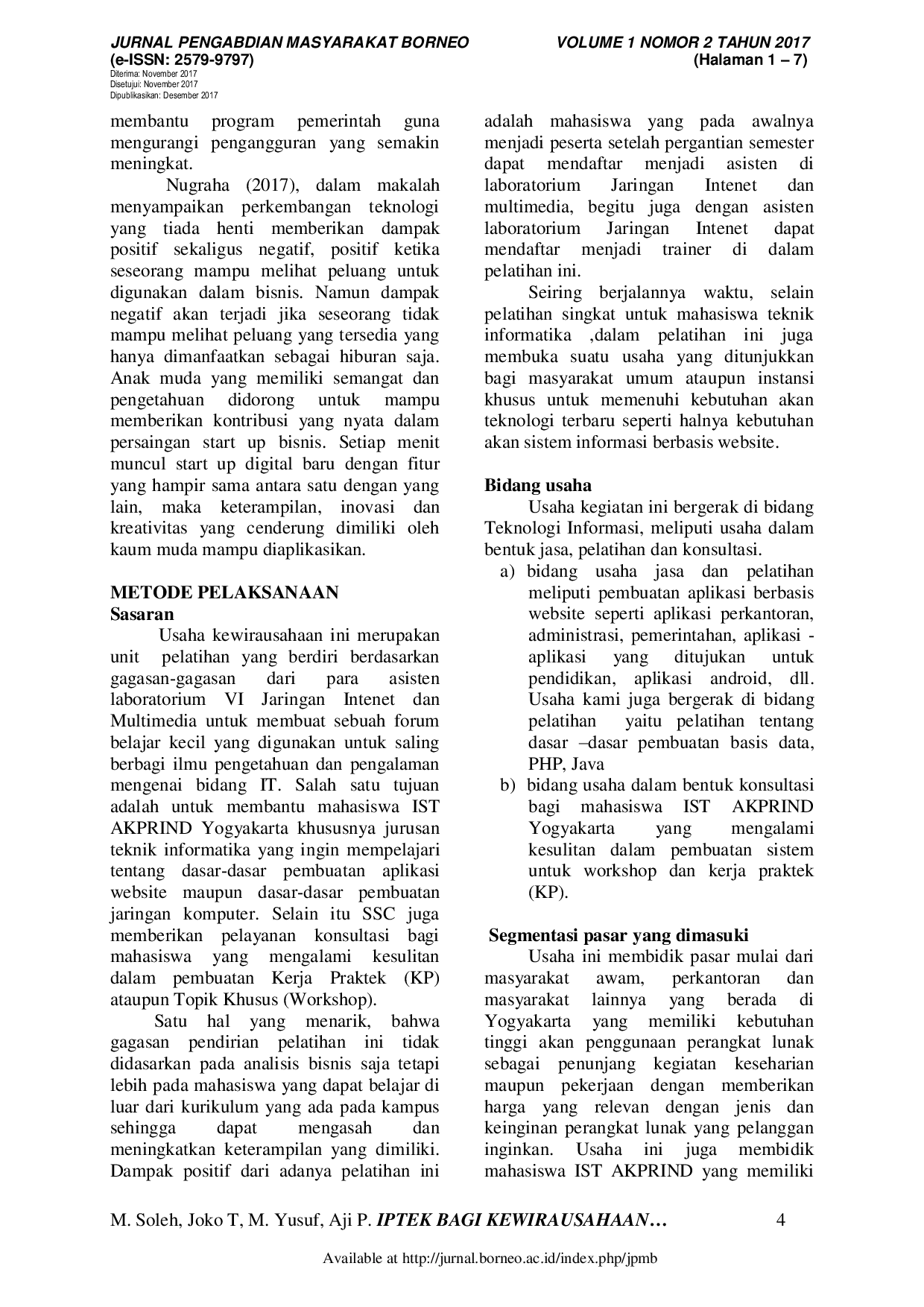 JURIS Iptek Bagi Kewirausahaan Bidang Teknologi Informasi Dengan Menumbuhkan Jiwa Kewirausahaan Pada Bidang Jasa Konsultasi Dan Pelatihan Komputer