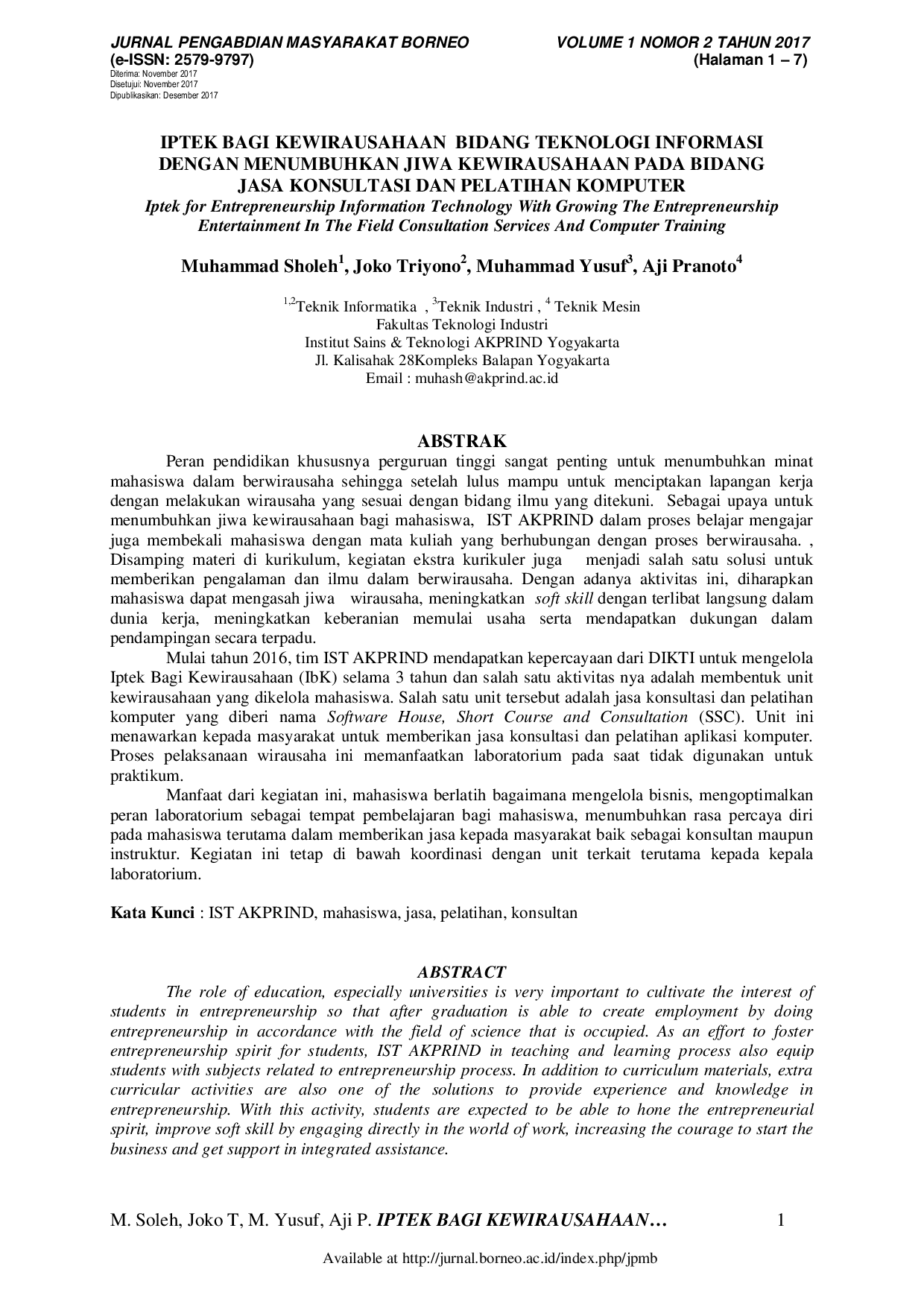 JURIS Iptek Bagi Kewirausahaan Bidang Teknologi Informasi Dengan Menumbuhkan Jiwa Kewirausahaan Pada Bidang Jasa Konsultasi Dan Pelatihan Komputer