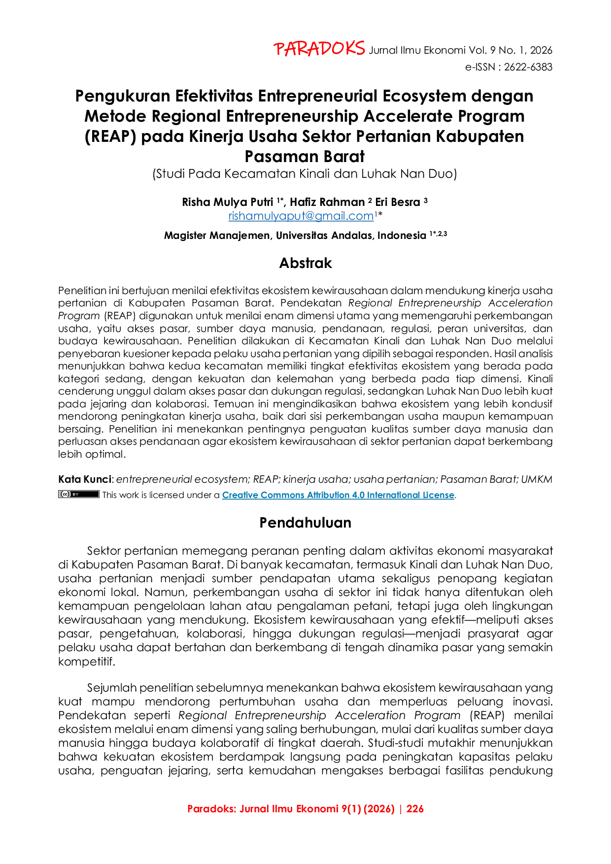 JURIS Pengukuran Efektivitas Entrepreneurial Ecosystem dengan Metode Regional Entrepreneurship Accelerate Program REAP pada Kinerja Usaha Sektor Pertanian Kabupaten Pasaman Barat