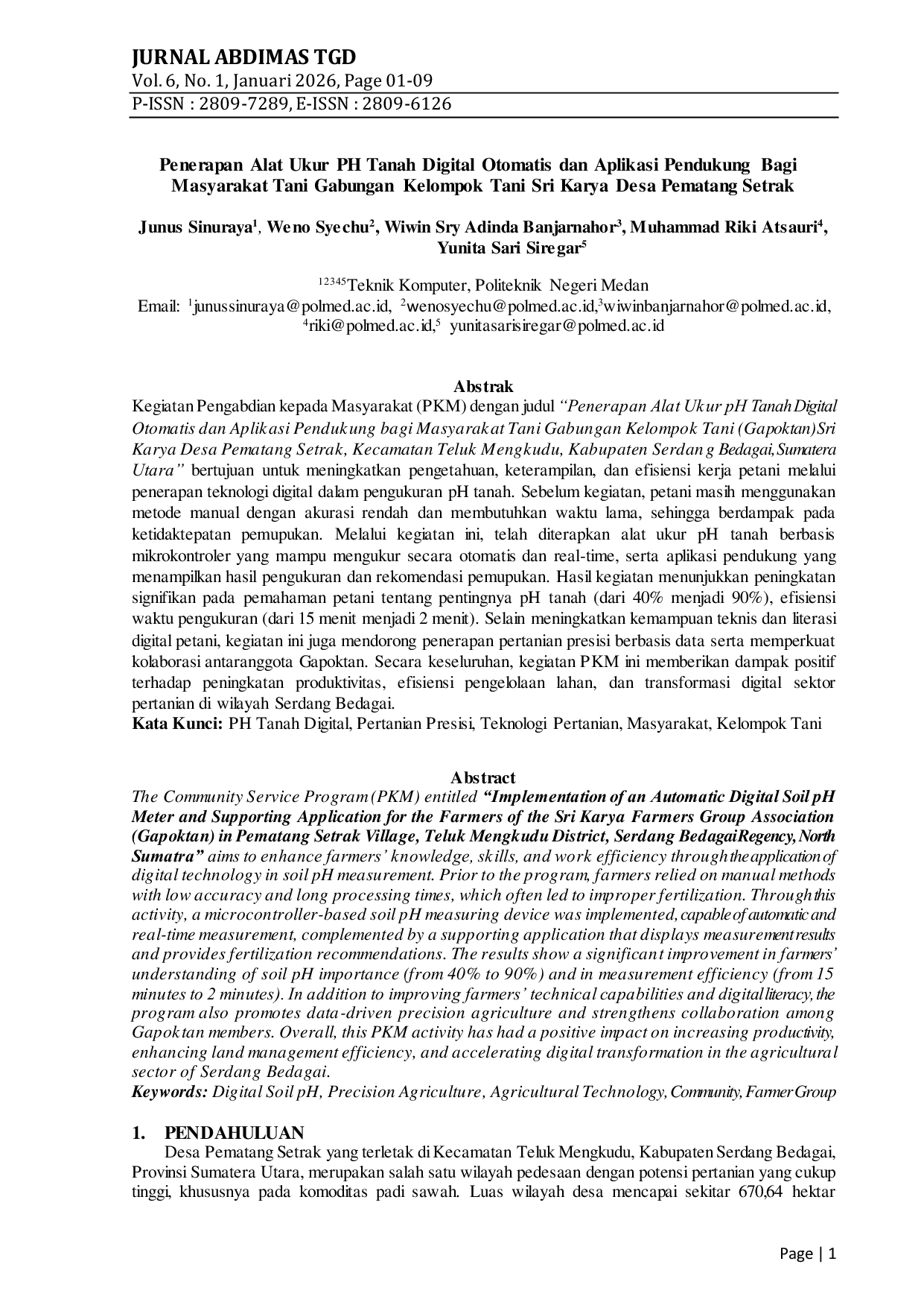 JURIS Penerapan Alat Ukur PH Tanah Digital Otomatis dan Aplikasi Pendukung Bagi Masyarakat Tani Gabungan Kelompok Tani Sri Karya Desa Pematang Setrak