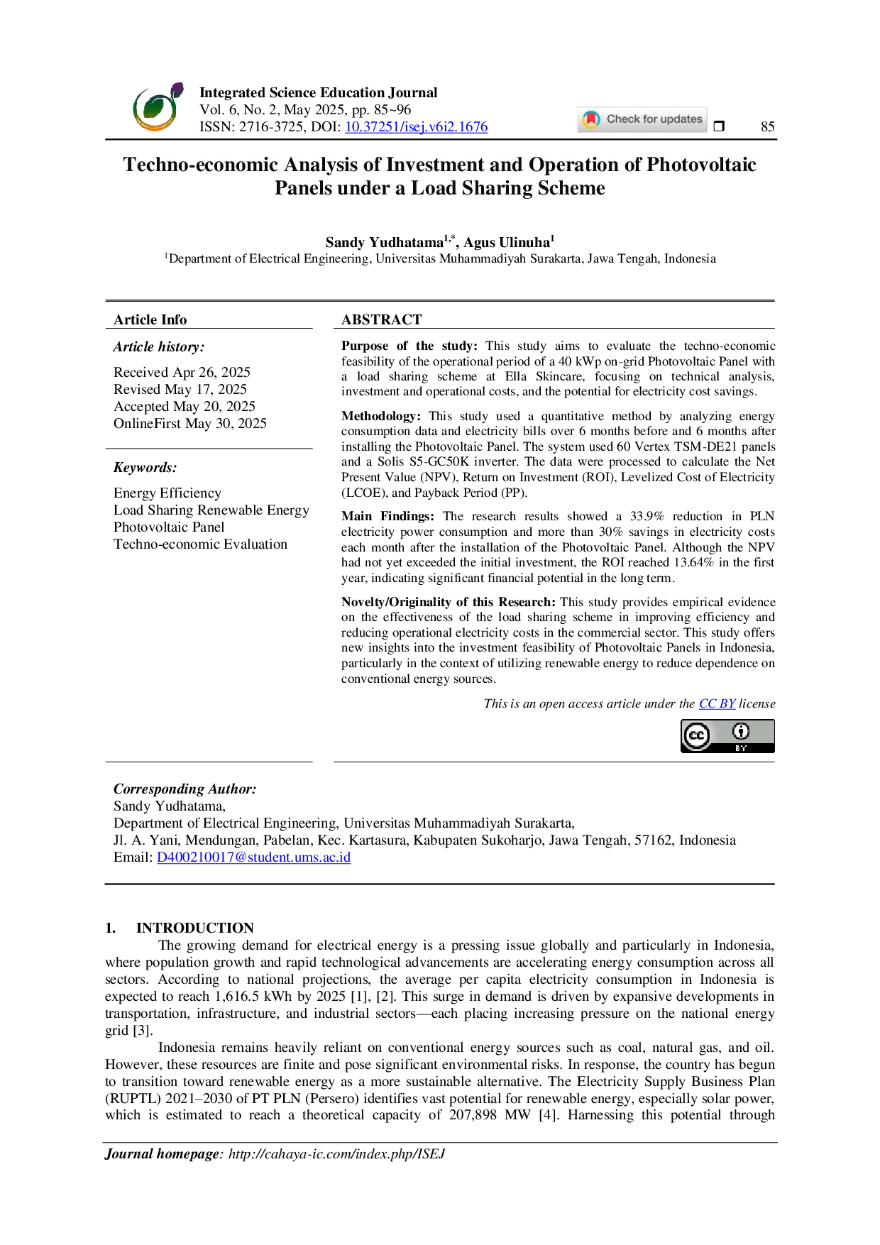 JURIS Techno economic Analysis of Investment and Operation of Photovoltaic Panels under a Load Sharing Scheme