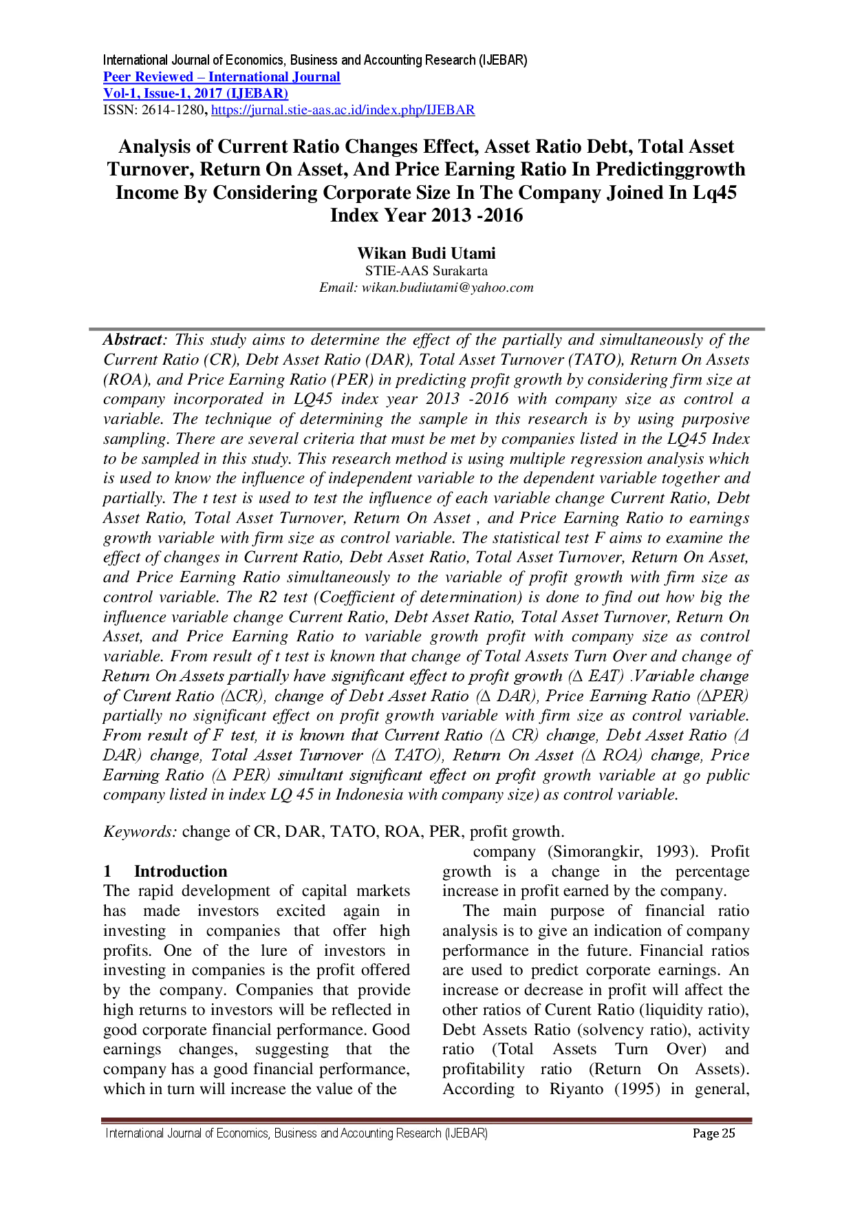 juris Analysis Of Current Ratio Changes Effect Asset Ratio Debt Total Asset Turnover Return On Asset And Price Earning Ratio In Predicting Growth Income By Considering Corporate Size In The Company Join