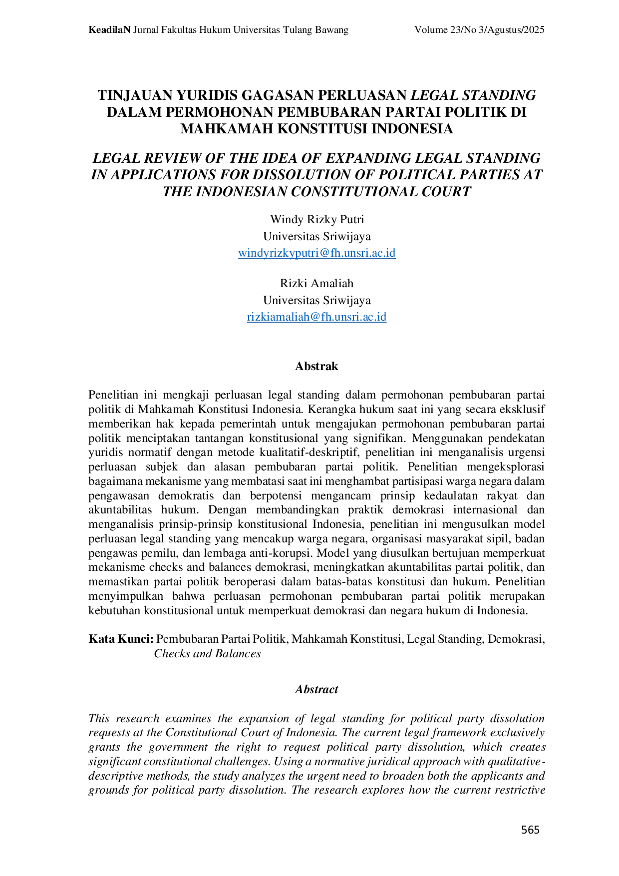 JURIS Tinjauan Yuridis Gagasan Perluasan Legal Standing Dalam Permohonan Pembubaran Partai Politik Di Mahkamah Konstitusi Indonesia