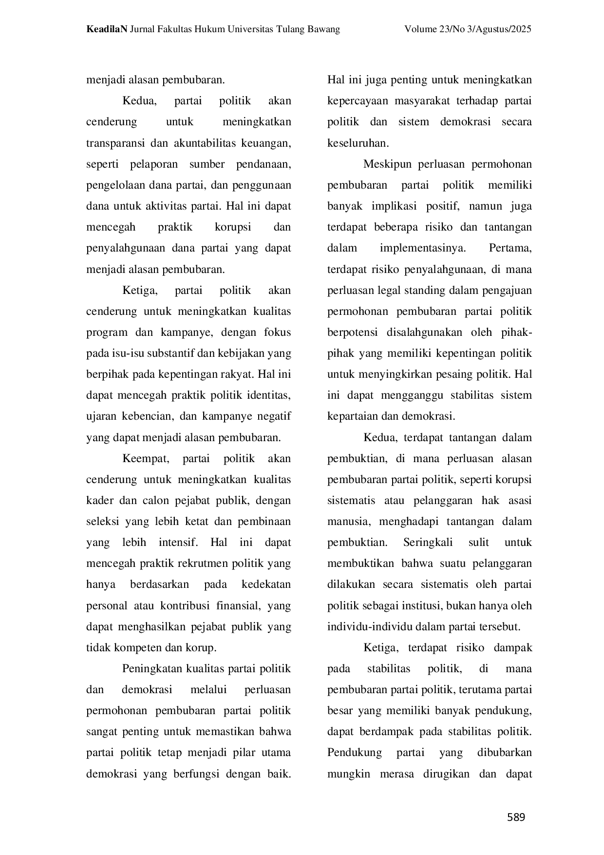 JURIS Tinjauan Yuridis Gagasan Perluasan Legal Standing Dalam Permohonan Pembubaran Partai Politik Di Mahkamah Konstitusi Indonesia