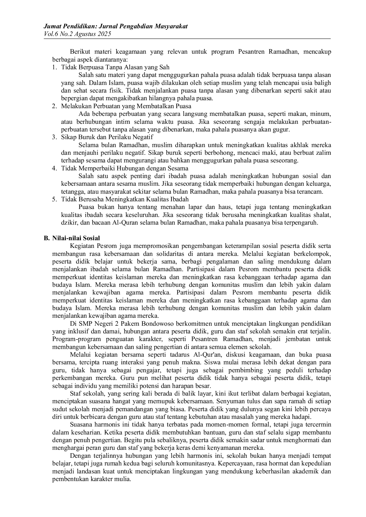 JURIS Program Pesantren Ramadhan Sebagai Upaya Pencegahan Kekerasan di SMP Negeri 2 Pakem Bondowoso