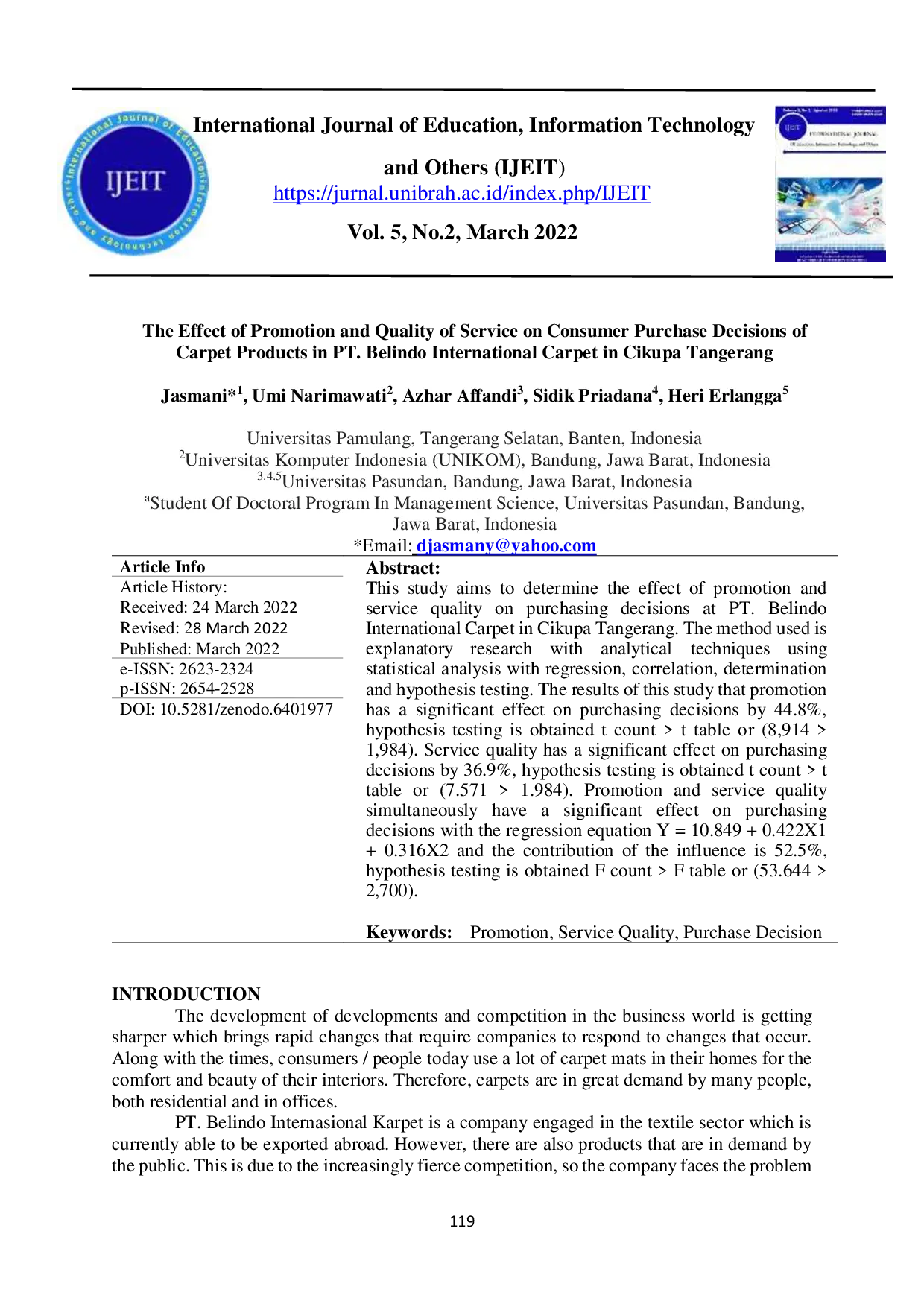 JURIS The Effect of Promotion and Quality of Service on Consumer Purchase Decisions of Carpet Products in PT Belindo International Carpet in Cikupa Tangerang