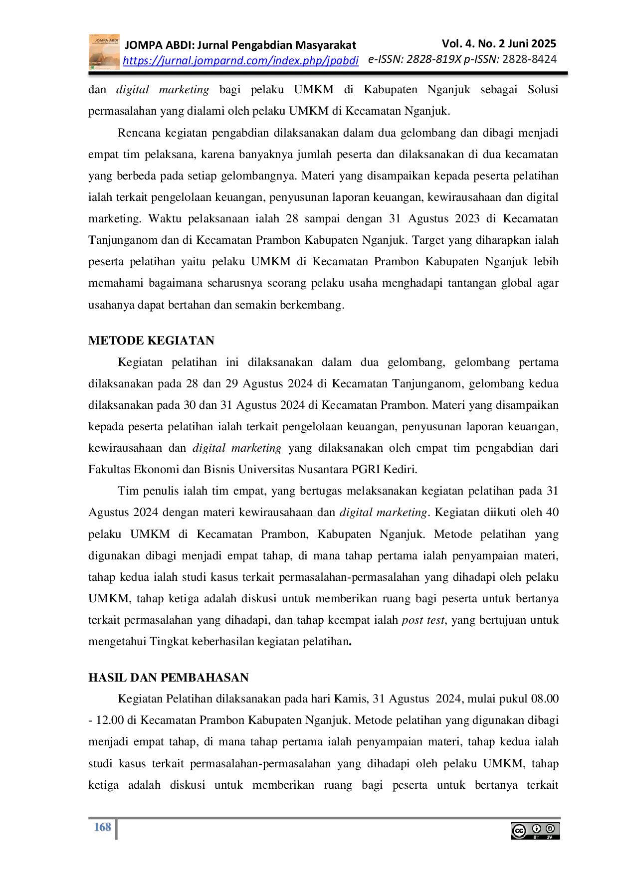 JURIS Pelatihan Kewirausahaan dan Digital Marketing Bagi Pelaku Usaha Mikro Di Kecamatan Prambon Kabupaten Nganjuk