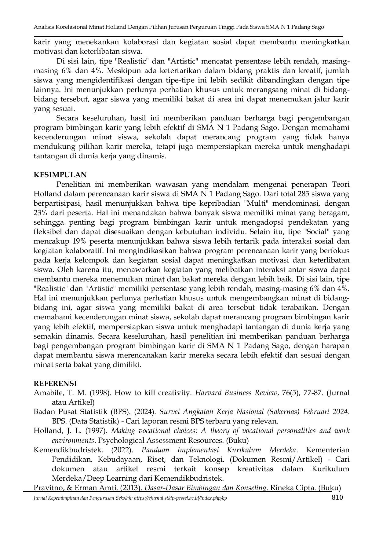 JURIS Analisis Korelasional Minat Holland Dengan Pilihan Jurusan Perguruan Tinggi Pada Siswa SMA N 1 Padang Sago