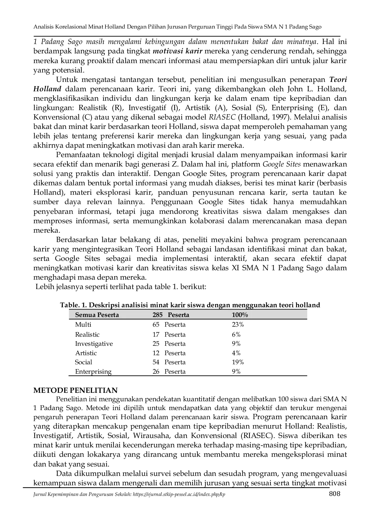 JURIS Analisis Korelasional Minat Holland Dengan Pilihan Jurusan Perguruan Tinggi Pada Siswa SMA N 1 Padang Sago