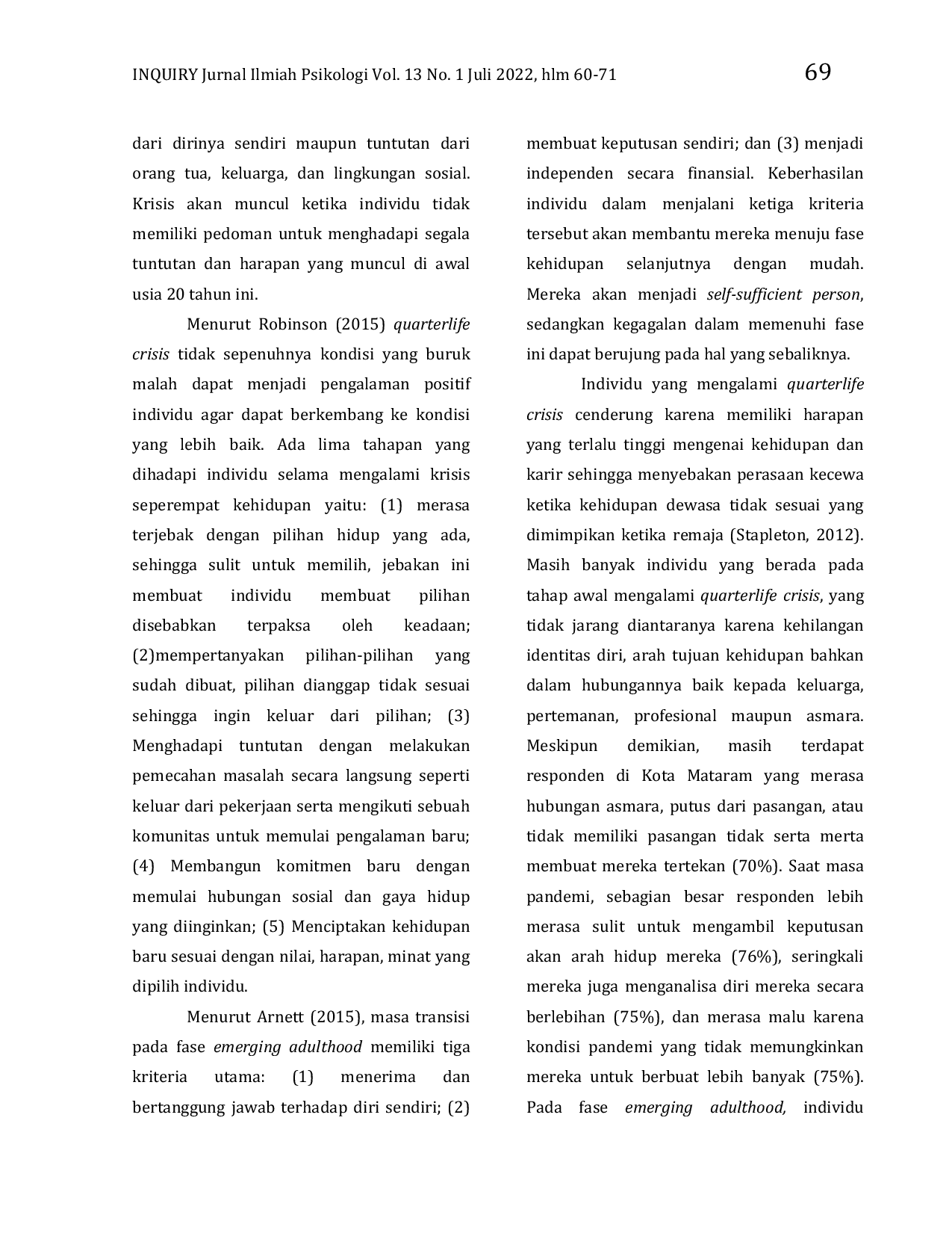 JURIS Studi Deskriptif Quarterlife Crisis Pada Fase Emerging Adulthood Di Kota Mataram Saat Masa Pandemi