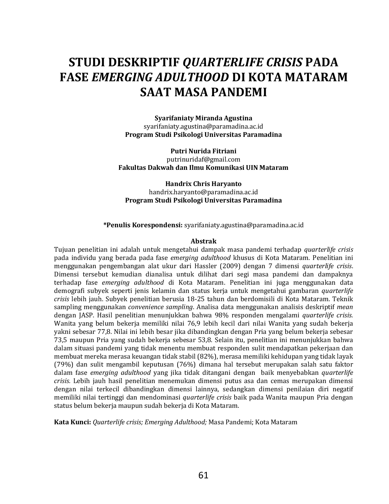 JURIS Studi Deskriptif Quarterlife Crisis Pada Fase Emerging Adulthood Di Kota Mataram Saat Masa Pandemi