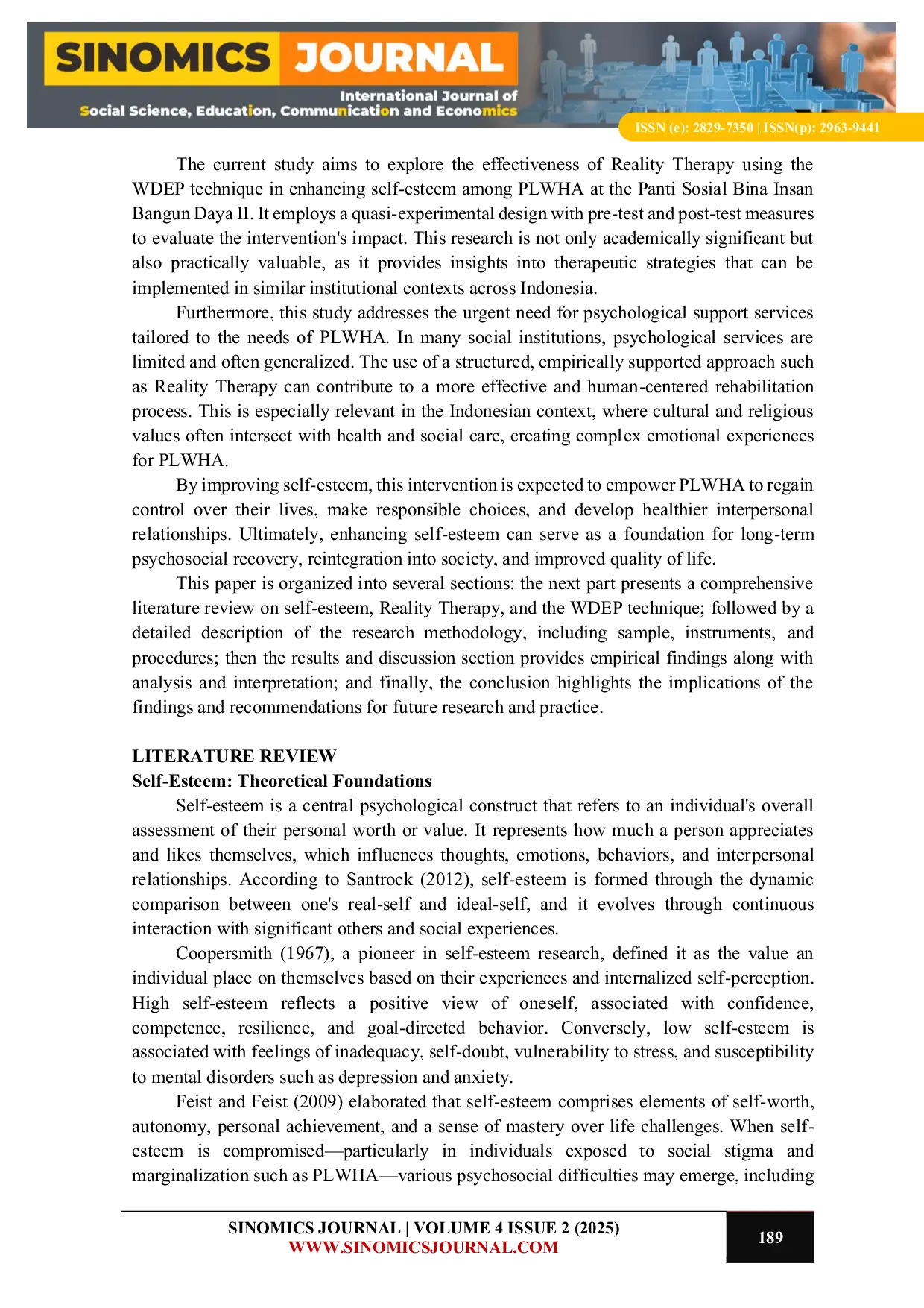 JURIS The Application of Reality Therapy with the WDEP Technique to Improve the Self Esteem of People Living with HIV AIDS at Panti Bina Insan Bangun 2 Jakarta