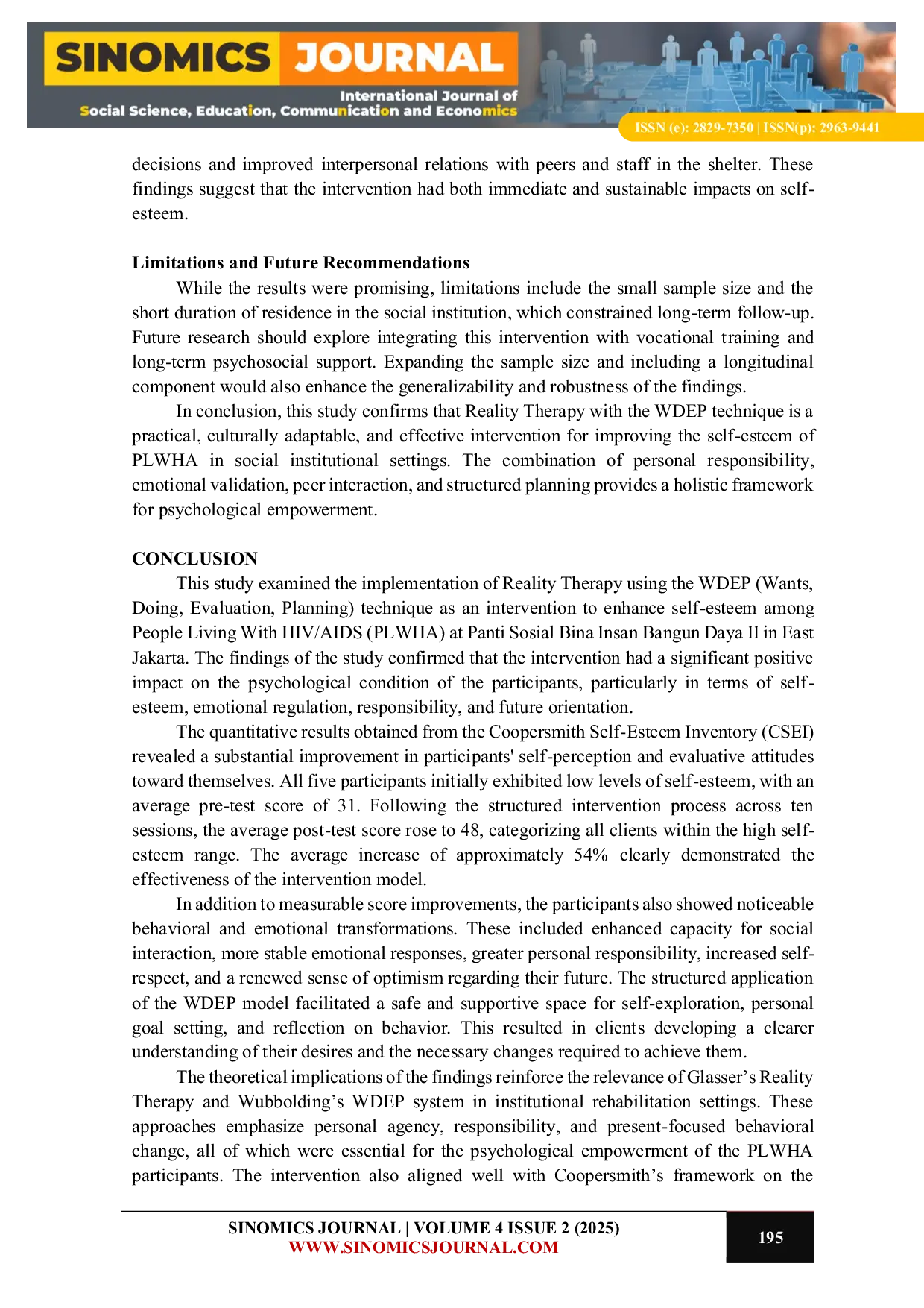 JURIS The Application of Reality Therapy with the WDEP Technique to Improve the Self Esteem of People Living with HIV AIDS at Panti Bina Insan Bangun 2 Jakarta