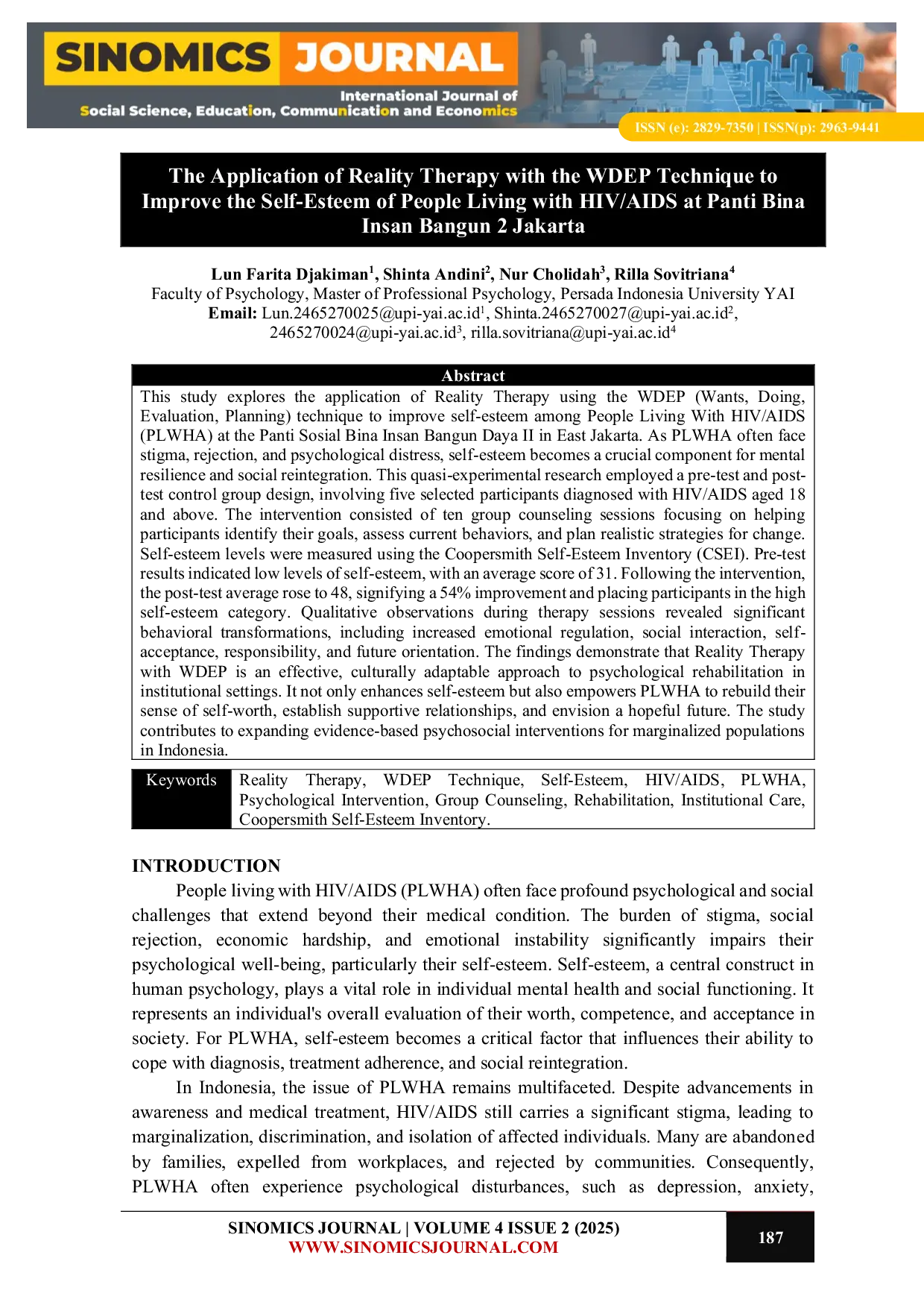 JURIS The Application of Reality Therapy with the WDEP Technique to Improve the Self Esteem of People Living with HIV AIDS at Panti Bina Insan Bangun 2 Jakarta