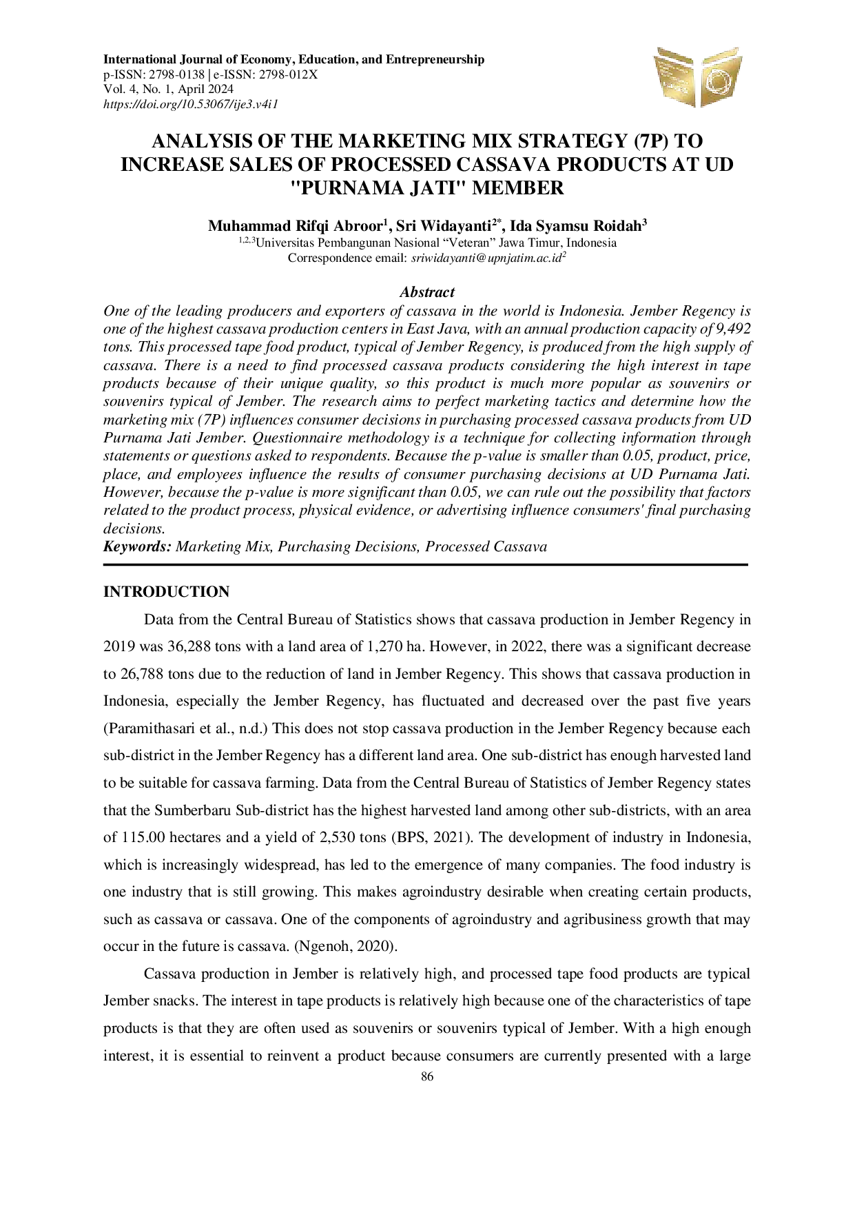 JURIS Analysis of The Marketing Mix Strategy 7P to Increase Sales of Processed Cassava Products at UD Purnama Jati Member