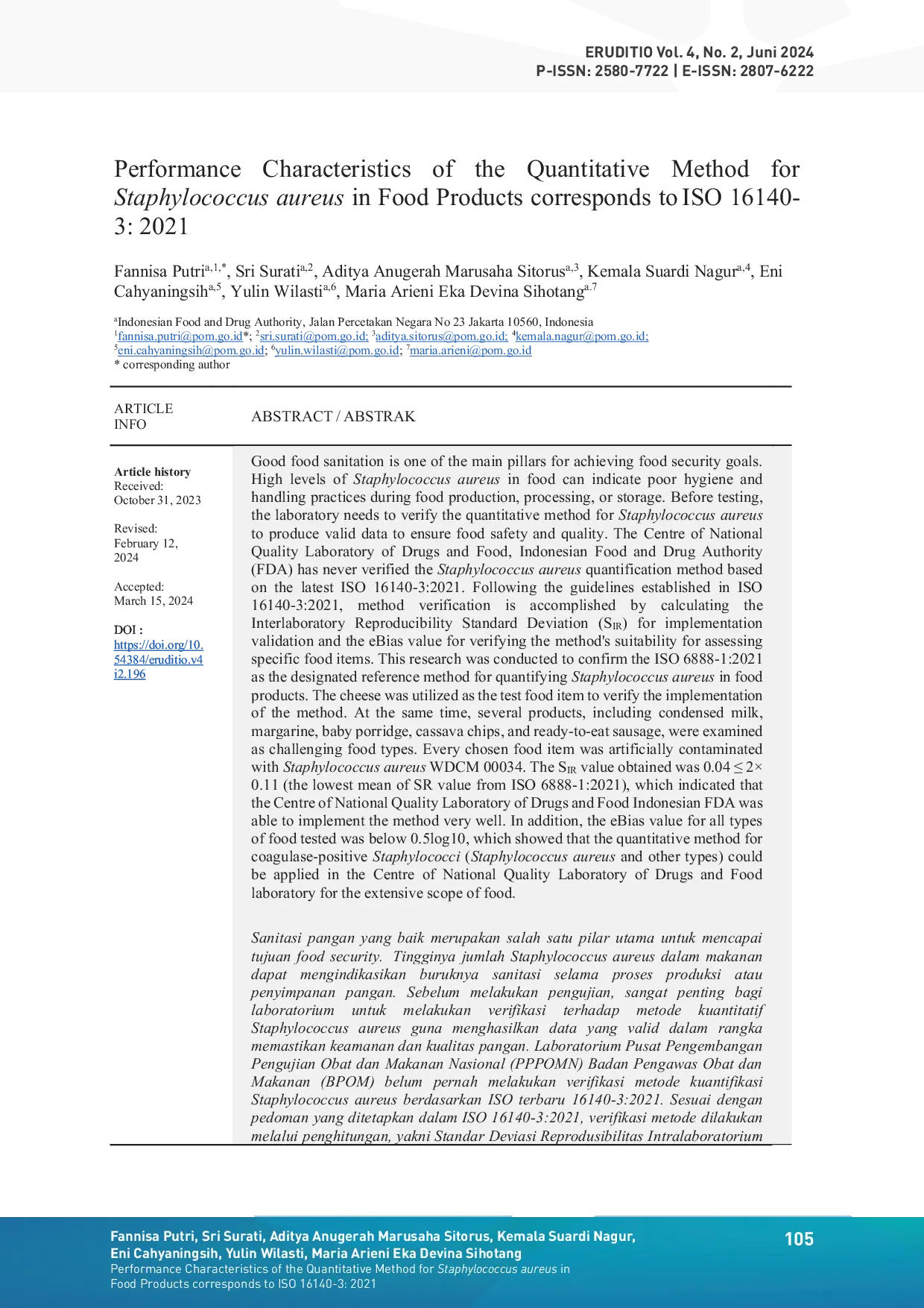 JURIS Performance Characteristics of the Quantitative Method for Staphylococcus aureus in Food Products corresponds to ISO 16140 3 2021