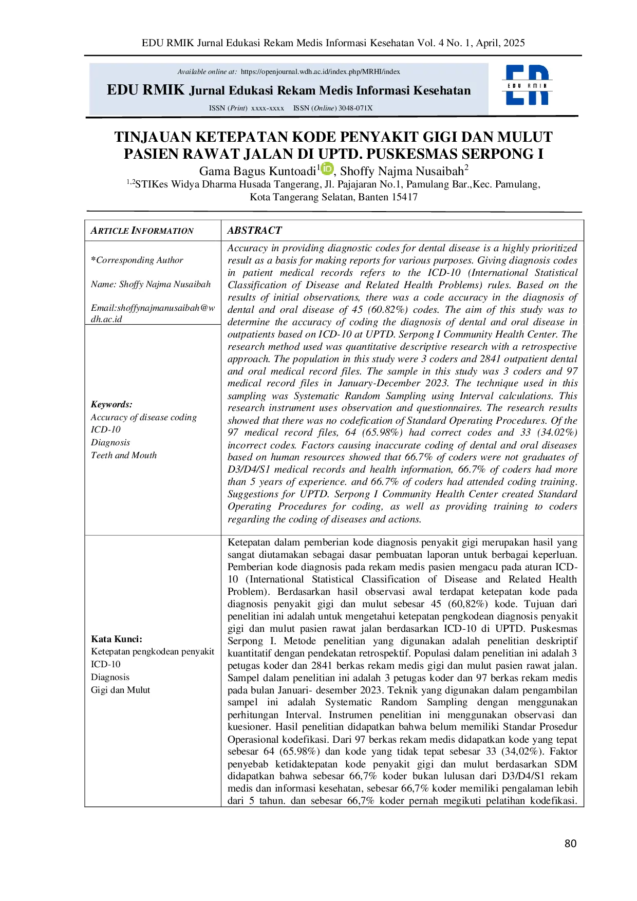 JURIS Tinjauan Ketepatan Kode Penyakit Gigi dan Mulut Pasien Rawat Jalan di UPTD Puskesmas Serpong I