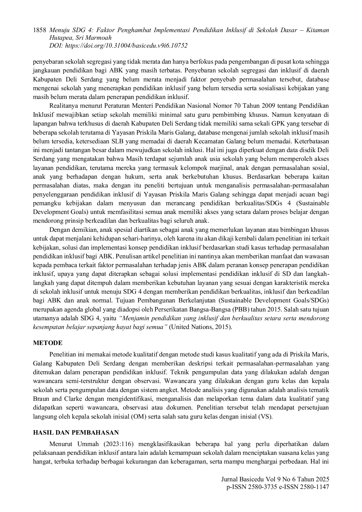 JURIS Menuju SDG 4 Faktor Penghambat Implementasi Pendidikan Inklusif di Sekolah Dasar