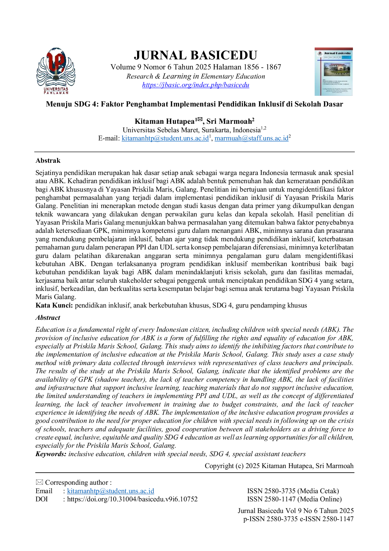 JURIS Menuju SDG 4 Faktor Penghambat Implementasi Pendidikan Inklusif di Sekolah Dasar