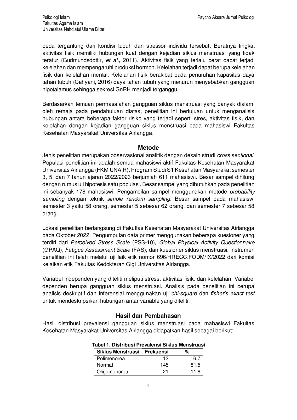 JURIS Analisis Hubungan Stres Aktivitas Fisik dan Kelelahan Dengan Gangguan Siklus Menstruasi