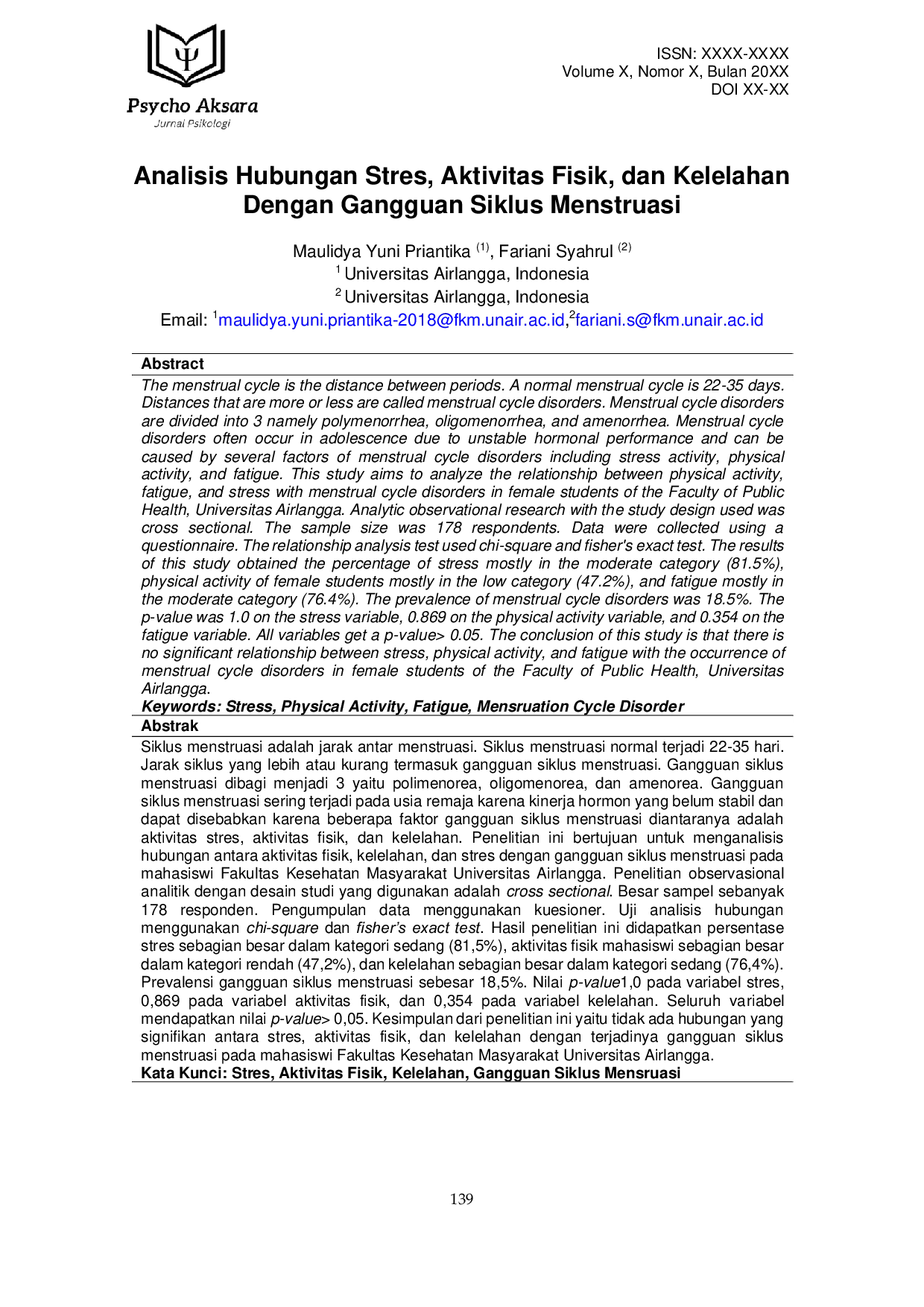 JURIS Analisis Hubungan Stres Aktivitas Fisik dan Kelelahan Dengan Gangguan Siklus Menstruasi