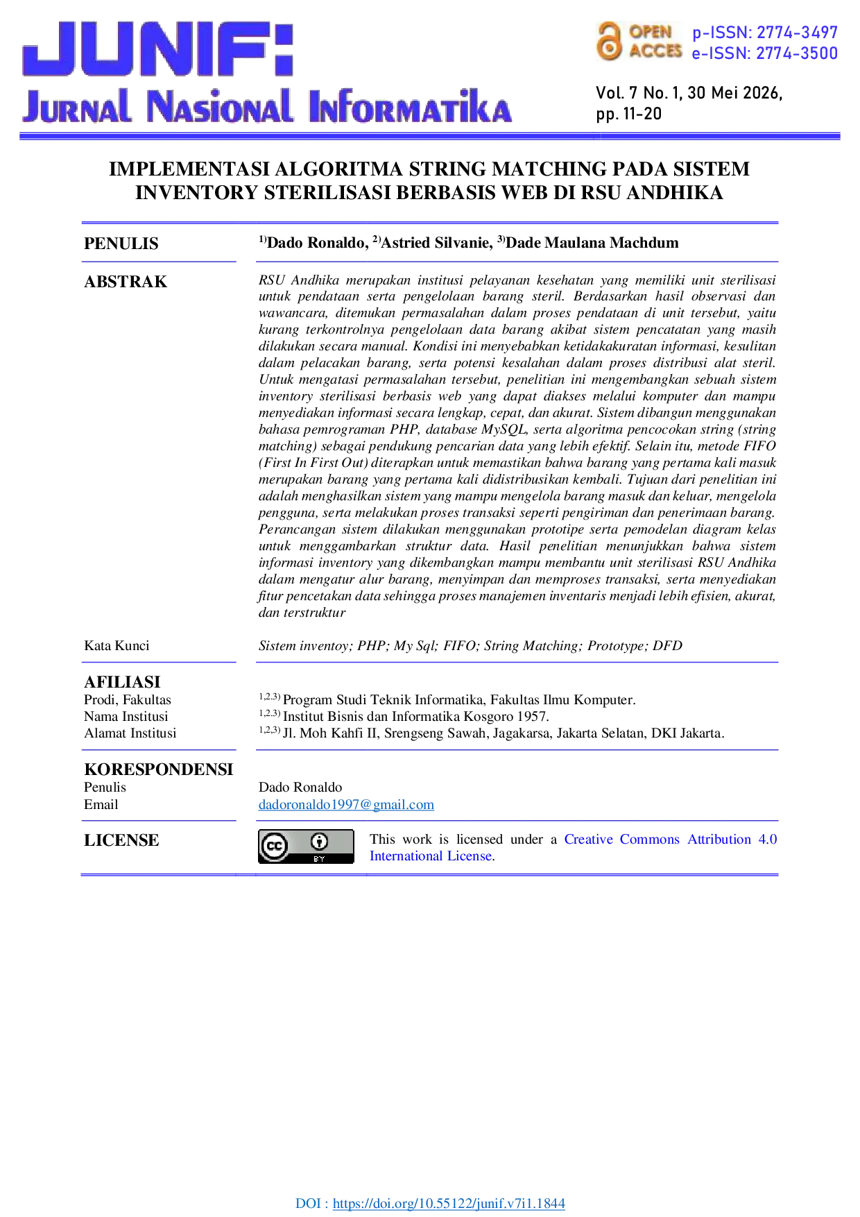 JURIS Implementasi Algoritma String Matching Pada Sistem Inventory Sterilisasi Berbasis Web Di Rsu Andhika