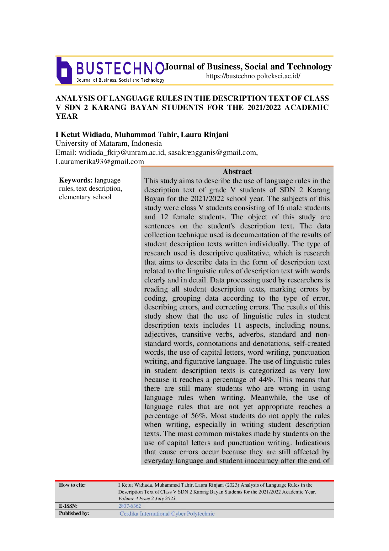 JURIS Analysis of Language Rules in the Description Text of Class V SDN 2 Karang Bayan Students for the 2021 2022 Academic Year