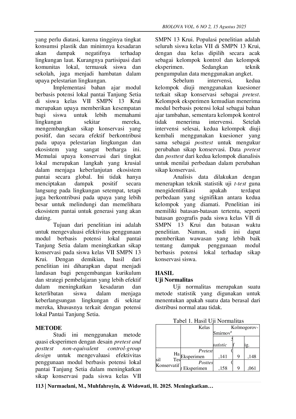 JURIS Meningkatkan Sikap Konservasi Menggunakan Bahan Ajar Modul Berbasis Potensi Lokal Pantai Tanjung Setia pada Siswa Kelas VII SMPN 13 Krui
