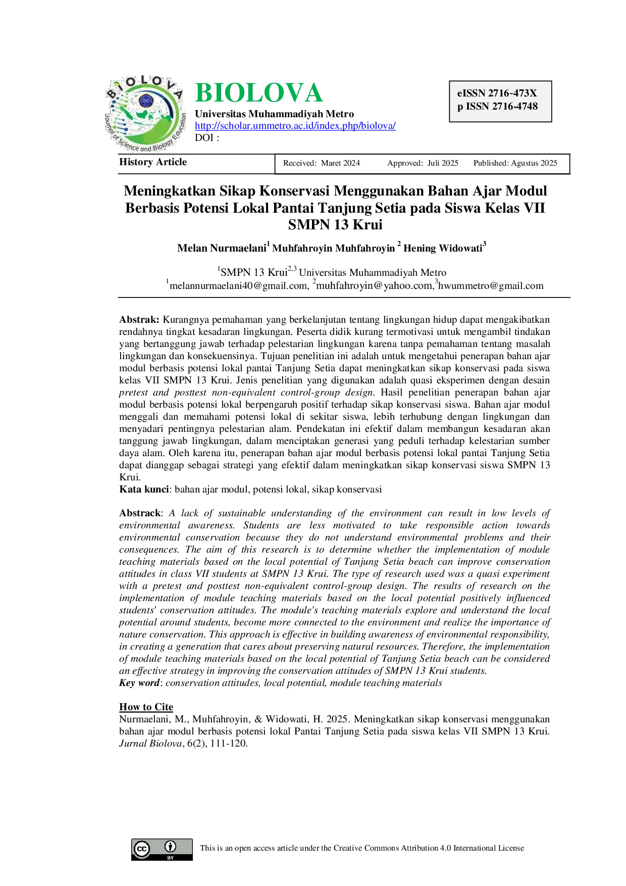 JURIS Meningkatkan Sikap Konservasi Menggunakan Bahan Ajar Modul Berbasis Potensi Lokal Pantai Tanjung Setia pada Siswa Kelas VII SMPN 13 Krui