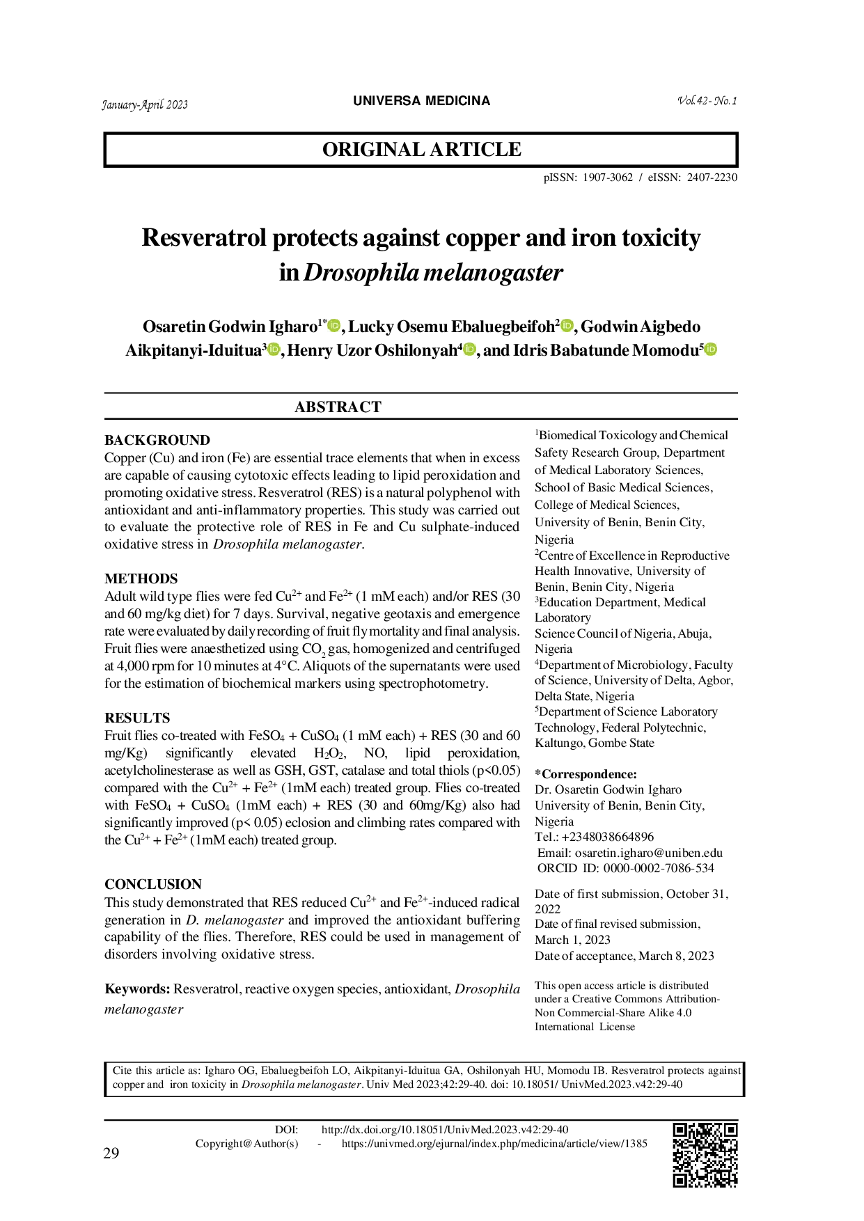 juris Resveratrol protects against copper and iron toxicity in Drosophila melanogaster