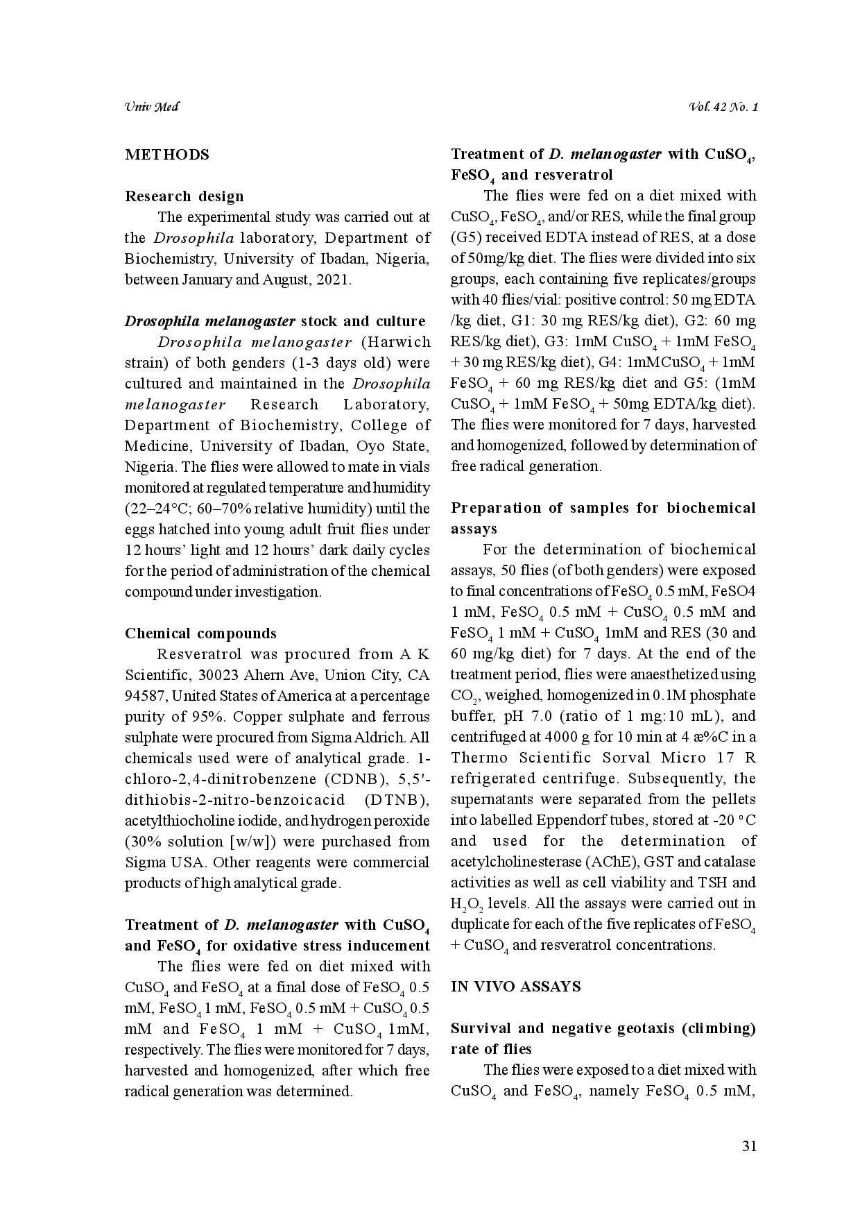 juris Resveratrol protects against copper and iron toxicity in Drosophila melanogaster
