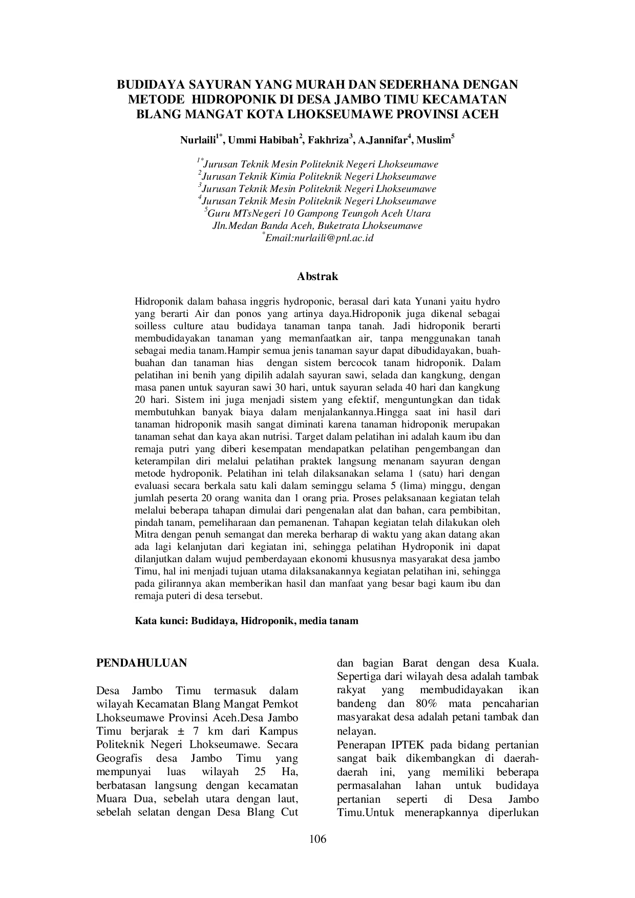 JURIS BUDIDAYA SAYURAN YANG MURAH DAN SEDERHANA DENGAN METODE HIDROPONIK DI DESA JAMBO TIMU KECAMATAN BLANG MANGAT KOTA LHOKSEUMAWE PROVINSI ACEH